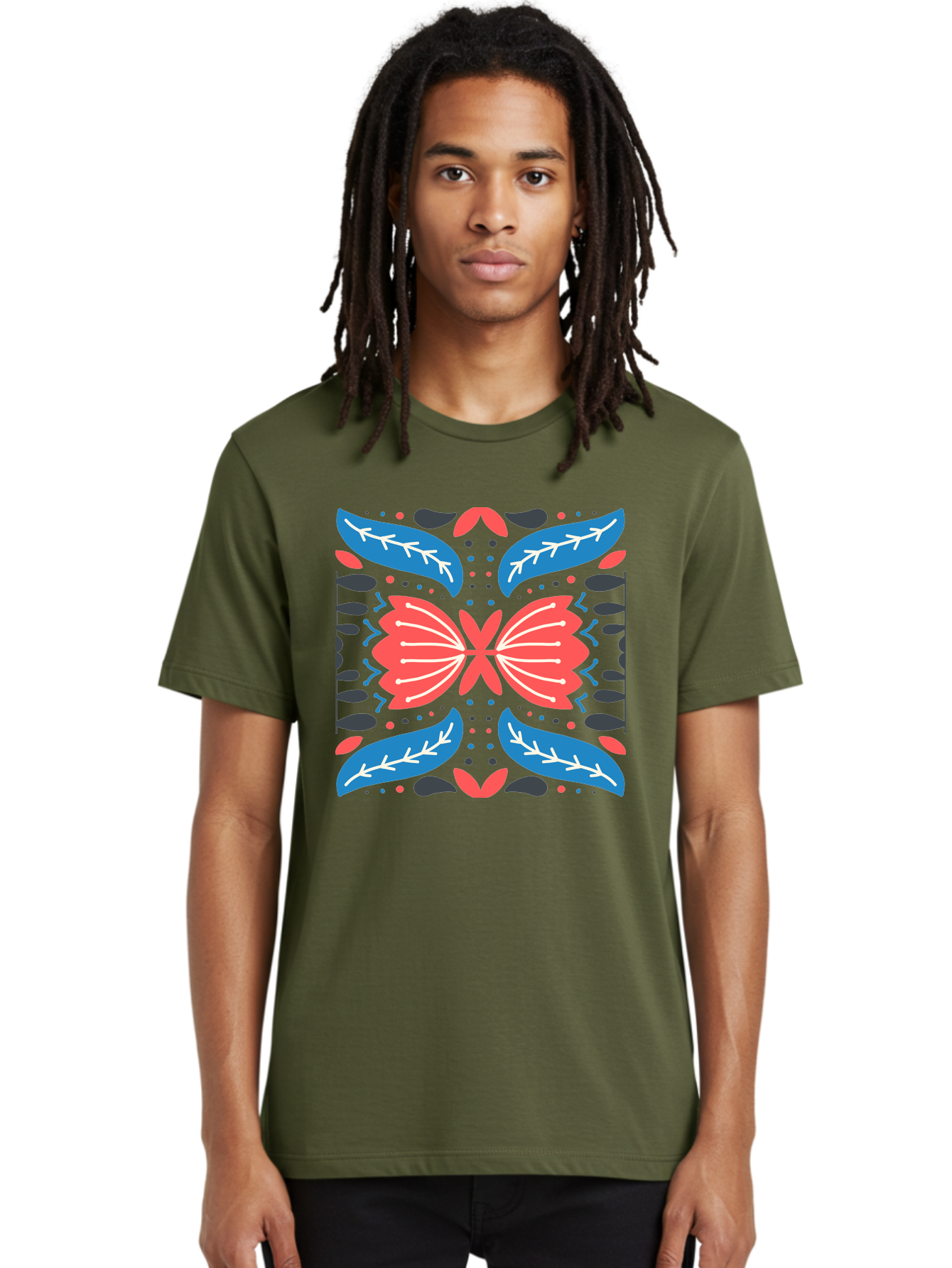 Butterfly-Pattern-1 Men'S Graphic Tee, 100% Cotton, Comfortable Casual Summer Wear, Machine Washable, Symmetrical Butterfly Design, Floral Pattern, Vibrant Red And Blue Hues, White Accents, Abstract Shapes, Folk Art Inspiration, Aab674