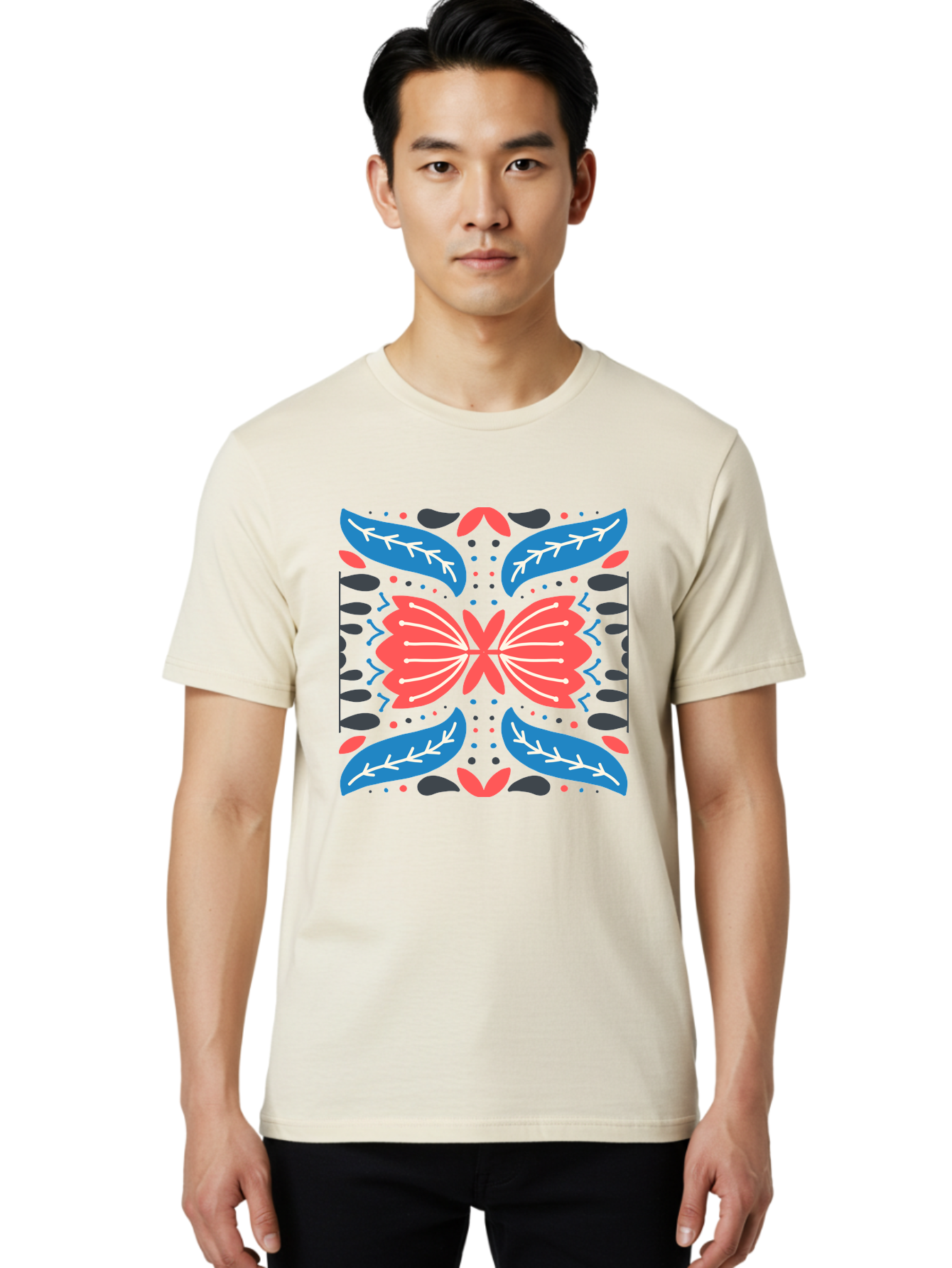 Butterfly-Pattern-1 Men'S Graphic Tee, 100% Cotton, Comfortable Casual Summer Wear, Machine Washable, Symmetrical Butterfly Design, Floral Pattern, Vibrant Red And Blue Hues, White Accents, Abstract Shapes, Folk Art Inspiration, Aab674