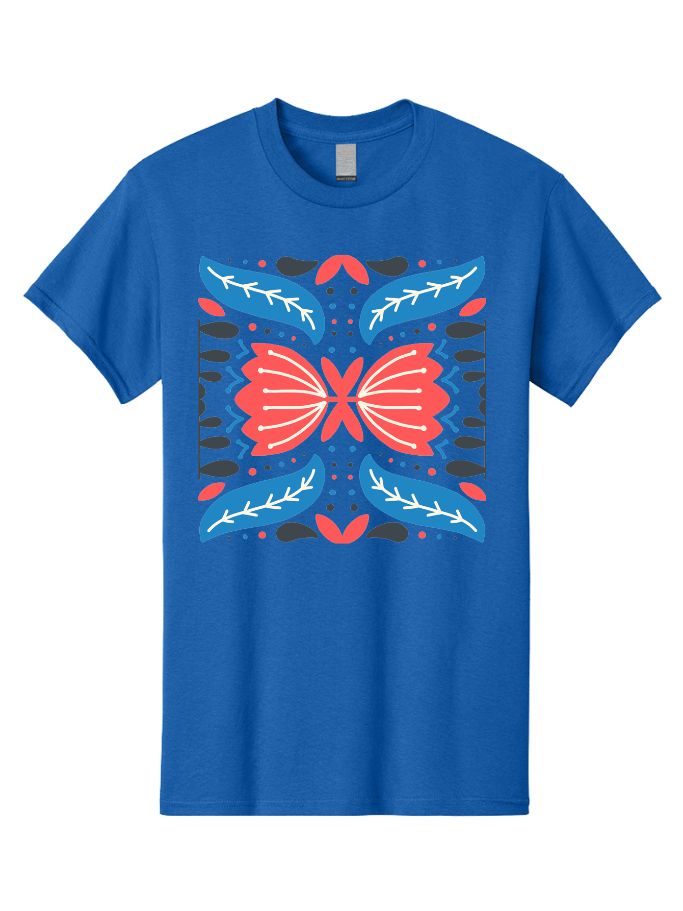 Butterfly-Pattern-1 Men'S Graphic Tee, 100% Cotton, Comfortable Casual Summer Wear, Machine Washable, Symmetrical Butterfly Design, Floral Pattern, Vibrant Red And Blue Hues, White Accents, Abstract Shapes, Folk Art Inspiration, Aab674