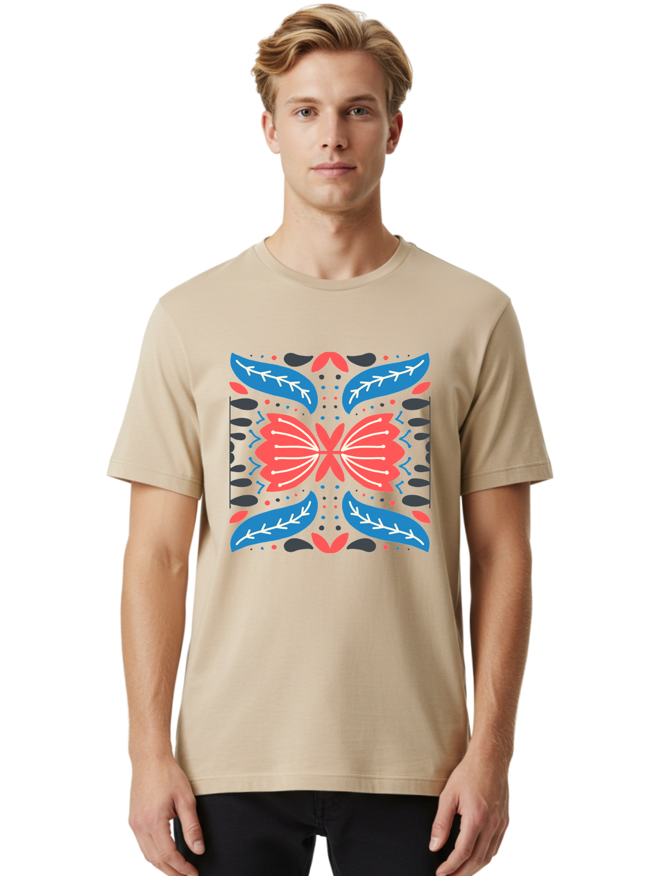 Butterfly-Pattern-1 Men'S Graphic Tee, 100% Cotton, Comfortable Casual Summer Wear, Machine Washable, Symmetrical Butterfly Design, Floral Pattern, Vibrant Red And Blue Hues, White Accents, Abstract Shapes, Folk Art Inspiration, Aab674