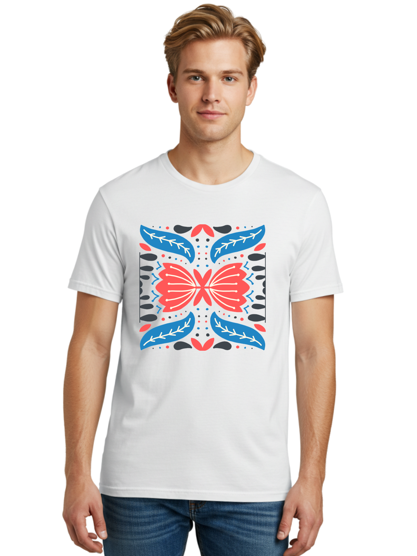 Butterfly-Pattern-1 Men'S Graphic Tee, 100% Cotton, Comfortable Casual Summer Wear, Machine Washable, Symmetrical Butterfly Design, Floral Pattern, Vibrant Red And Blue Hues, White Accents, Abstract Shapes, Folk Art Inspiration, Aab674