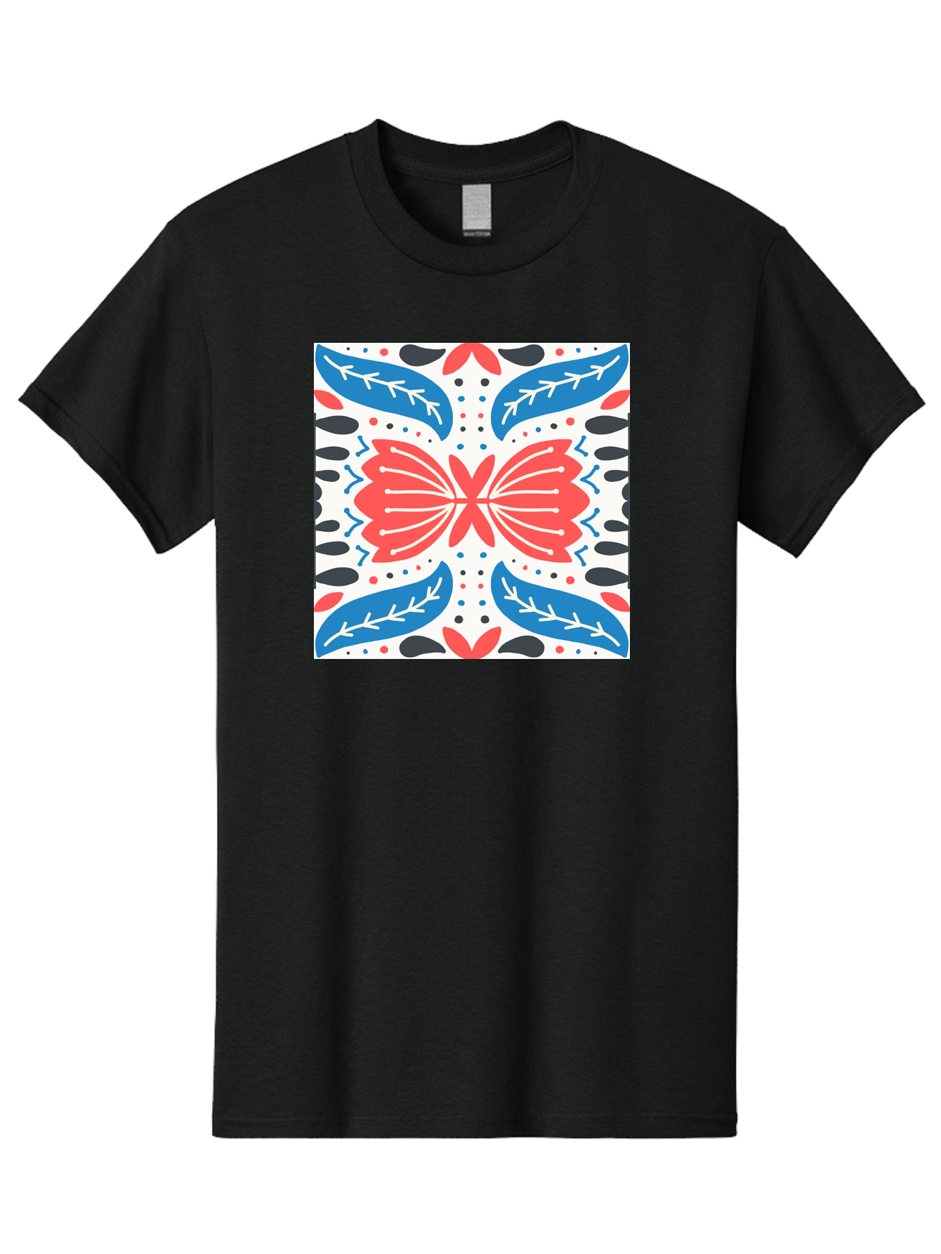 Butterfly-Pattern Men'S Graphic Tee, 100% Cotton, Comfortable Casual Summer Wear, Machine Washable, Butterfly, Floral Pattern, Red And Blue, Abstract Design, Symmetrical Shape, Graphic Illustration, Folk Art, Decorative Elements, Leaf Shapes Aab675