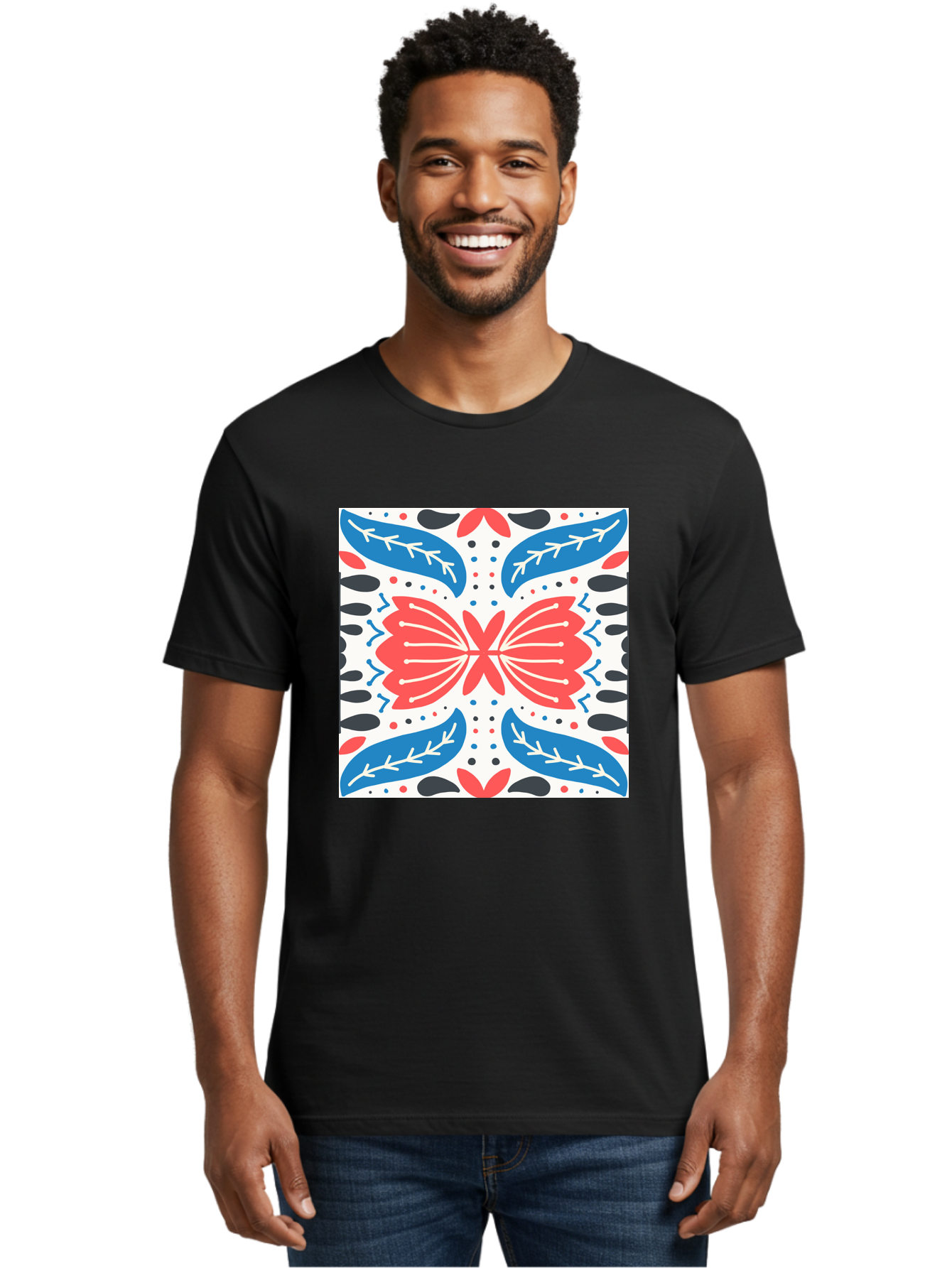 Butterfly-Pattern Men'S Graphic Tee, 100% Cotton, Comfortable Casual Summer Wear, Machine Washable, Butterfly, Floral Pattern, Red And Blue, Abstract Design, Symmetrical Shape, Graphic Illustration, Folk Art, Decorative Elements, Leaf Shapes Aab675