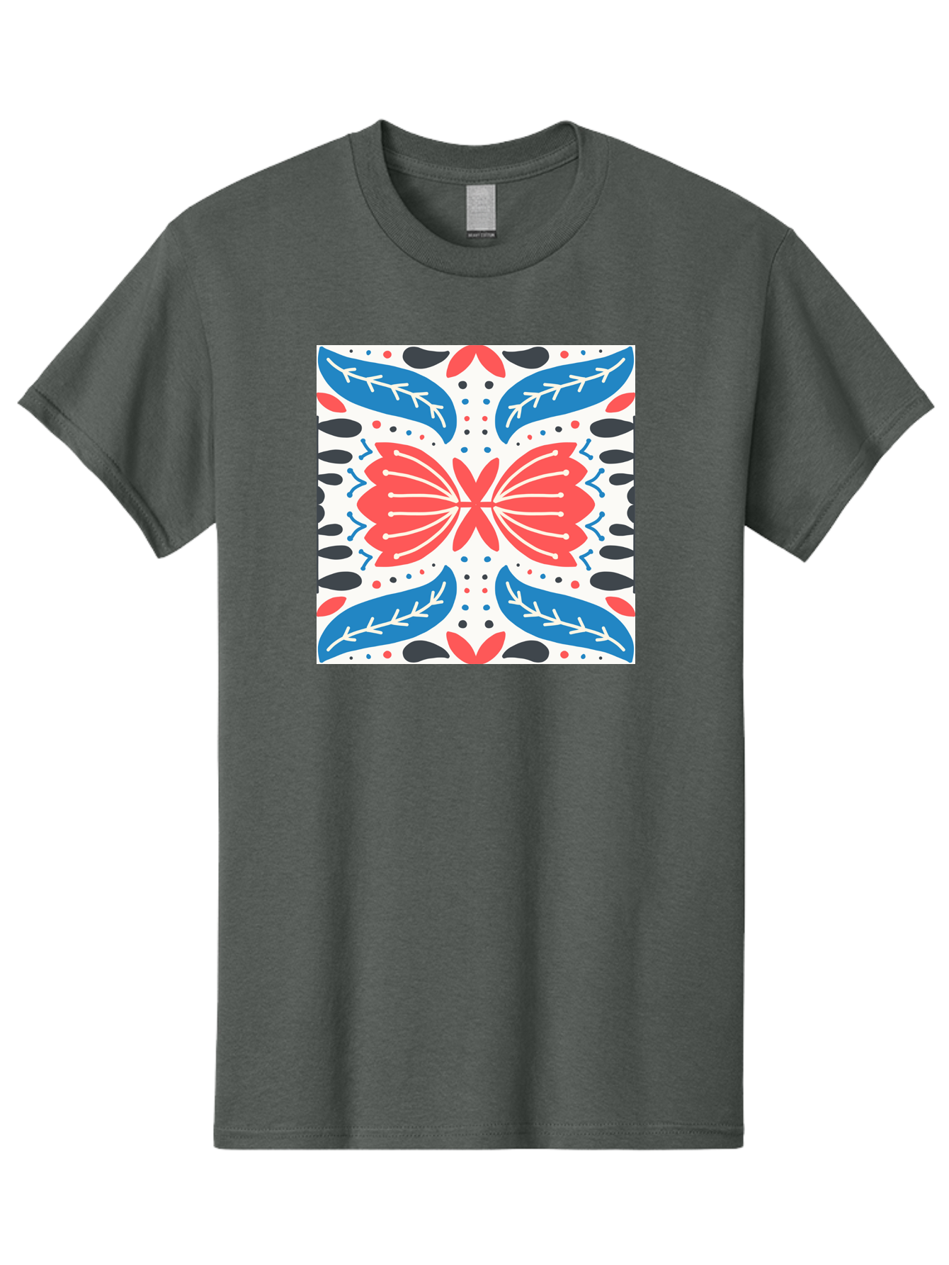 Butterfly-Pattern Men'S Graphic Tee, 100% Cotton, Comfortable Casual Summer Wear, Machine Washable, Butterfly, Floral Pattern, Red And Blue, Abstract Design, Symmetrical Shape, Graphic Illustration, Folk Art, Decorative Elements, Leaf Shapes Aab675