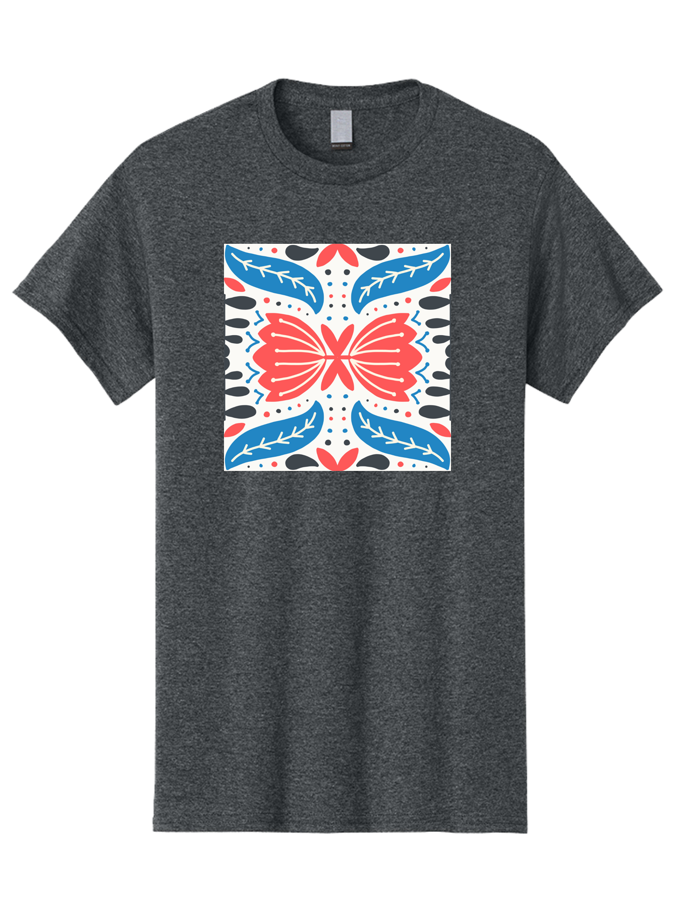 Butterfly-Pattern Men'S Graphic Tee, 100% Cotton, Comfortable Casual Summer Wear, Machine Washable, Butterfly, Floral Pattern, Red And Blue, Abstract Design, Symmetrical Shape, Graphic Illustration, Folk Art, Decorative Elements, Leaf Shapes Aab675