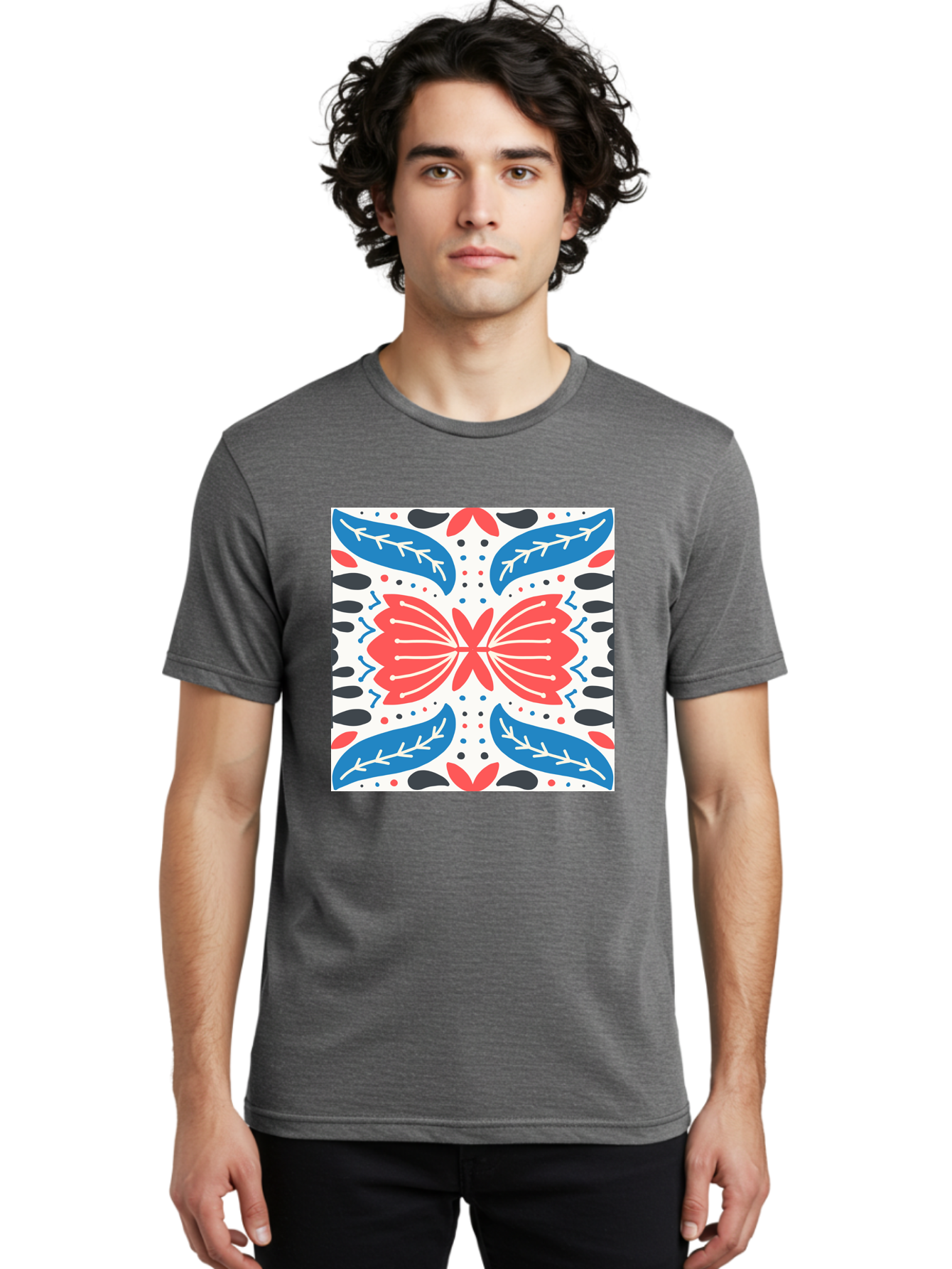 Butterfly-Pattern Men'S Graphic Tee, 100% Cotton, Comfortable Casual Summer Wear, Machine Washable, Butterfly, Floral Pattern, Red And Blue, Abstract Design, Symmetrical Shape, Graphic Illustration, Folk Art, Decorative Elements, Leaf Shapes Aab675