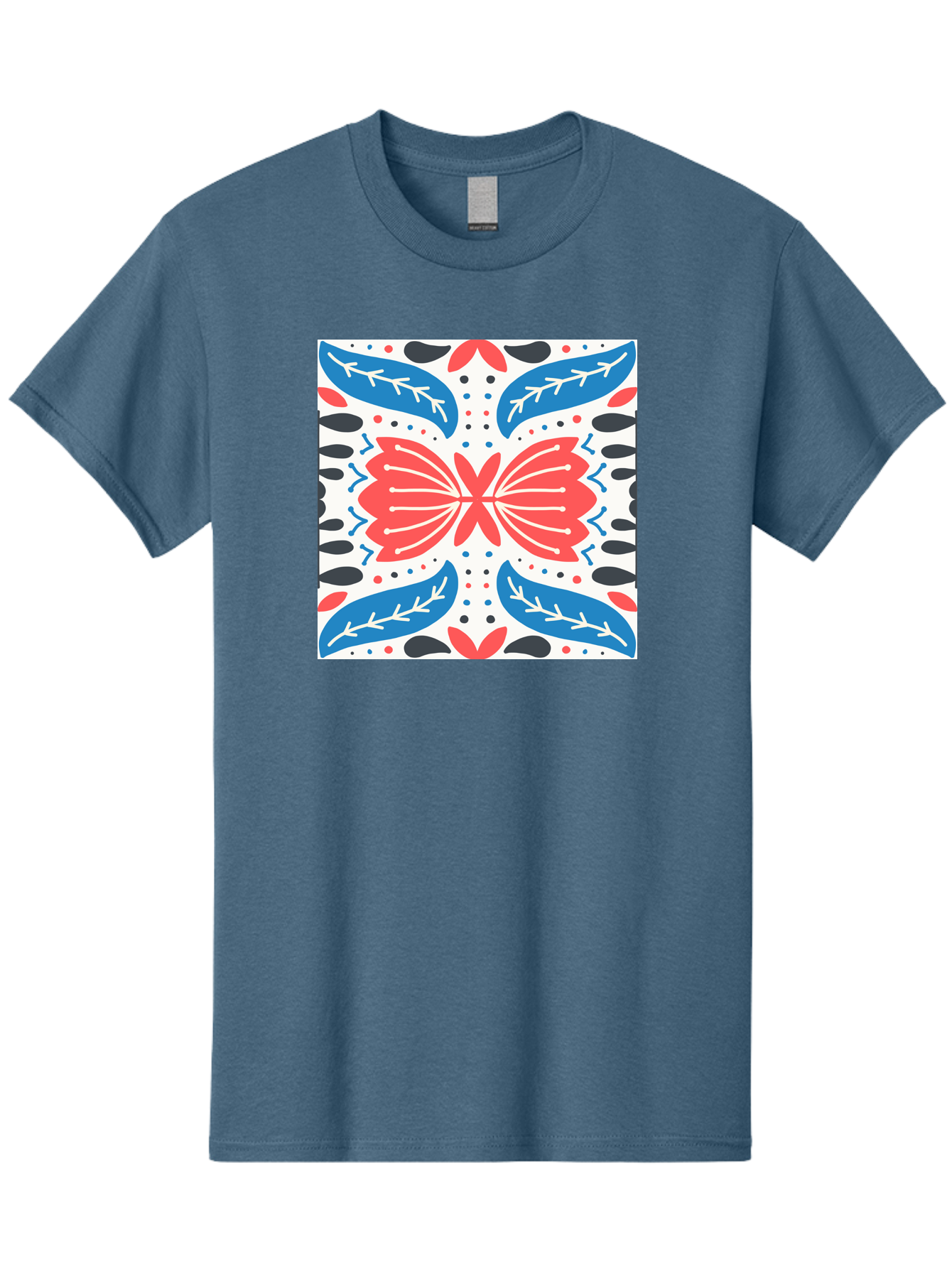 Butterfly-Pattern Men'S Graphic Tee, 100% Cotton, Comfortable Casual Summer Wear, Machine Washable, Butterfly, Floral Pattern, Red And Blue, Abstract Design, Symmetrical Shape, Graphic Illustration, Folk Art, Decorative Elements, Leaf Shapes Aab675