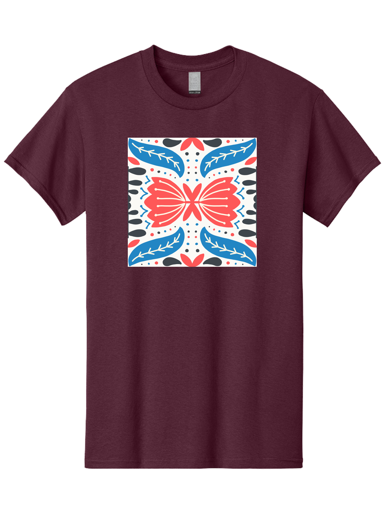 Butterfly-Pattern Men'S Graphic Tee, 100% Cotton, Comfortable Casual Summer Wear, Machine Washable, Butterfly, Floral Pattern, Red And Blue, Abstract Design, Symmetrical Shape, Graphic Illustration, Folk Art, Decorative Elements, Leaf Shapes Aab675