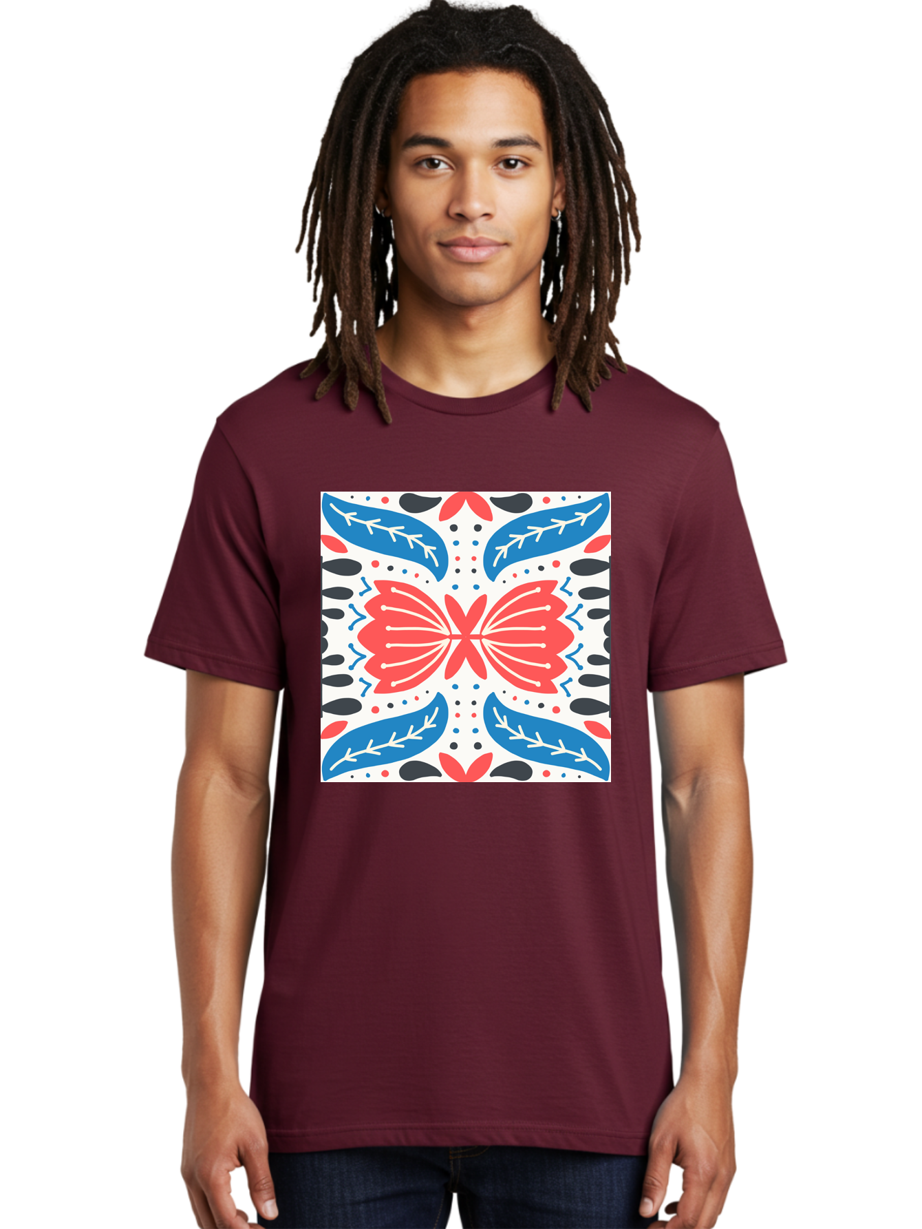 Butterfly-Pattern Men'S Graphic Tee, 100% Cotton, Comfortable Casual Summer Wear, Machine Washable, Butterfly, Floral Pattern, Red And Blue, Abstract Design, Symmetrical Shape, Graphic Illustration, Folk Art, Decorative Elements, Leaf Shapes Aab675