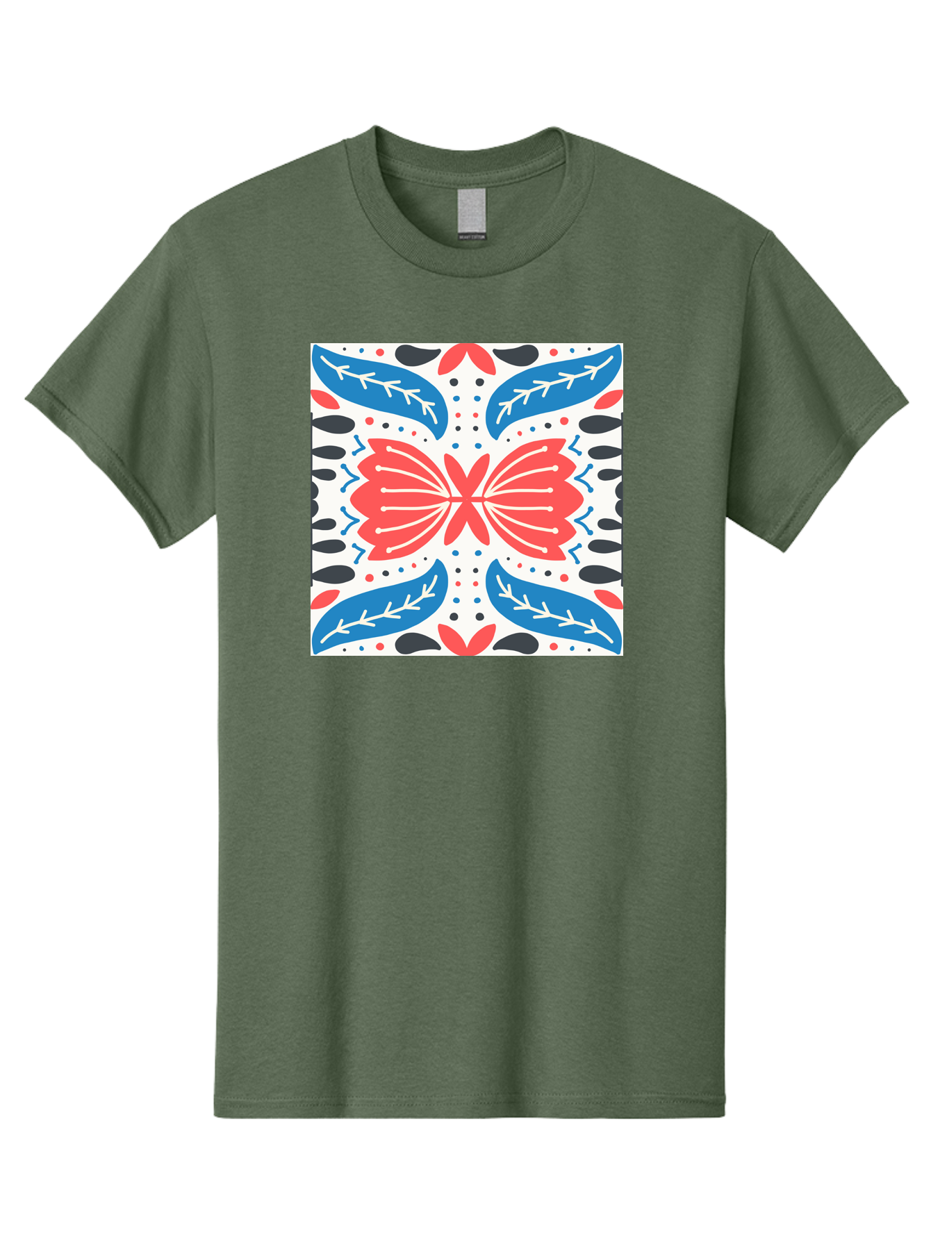 Butterfly-Pattern Men'S Graphic Tee, 100% Cotton, Comfortable Casual Summer Wear, Machine Washable, Butterfly, Floral Pattern, Red And Blue, Abstract Design, Symmetrical Shape, Graphic Illustration, Folk Art, Decorative Elements, Leaf Shapes Aab675