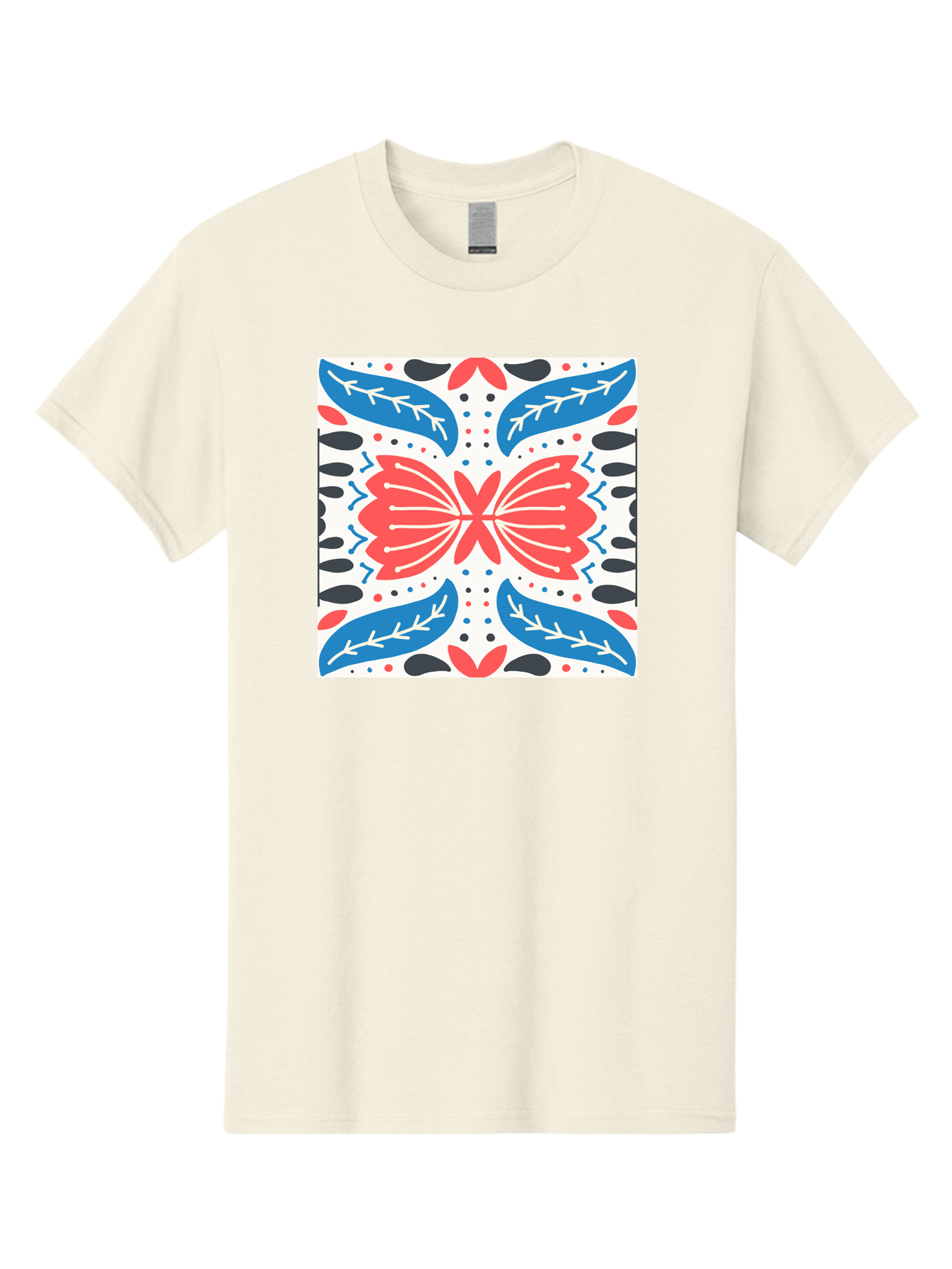 Butterfly-Pattern Men'S Graphic Tee, 100% Cotton, Comfortable Casual Summer Wear, Machine Washable, Butterfly, Floral Pattern, Red And Blue, Abstract Design, Symmetrical Shape, Graphic Illustration, Folk Art, Decorative Elements, Leaf Shapes Aab675