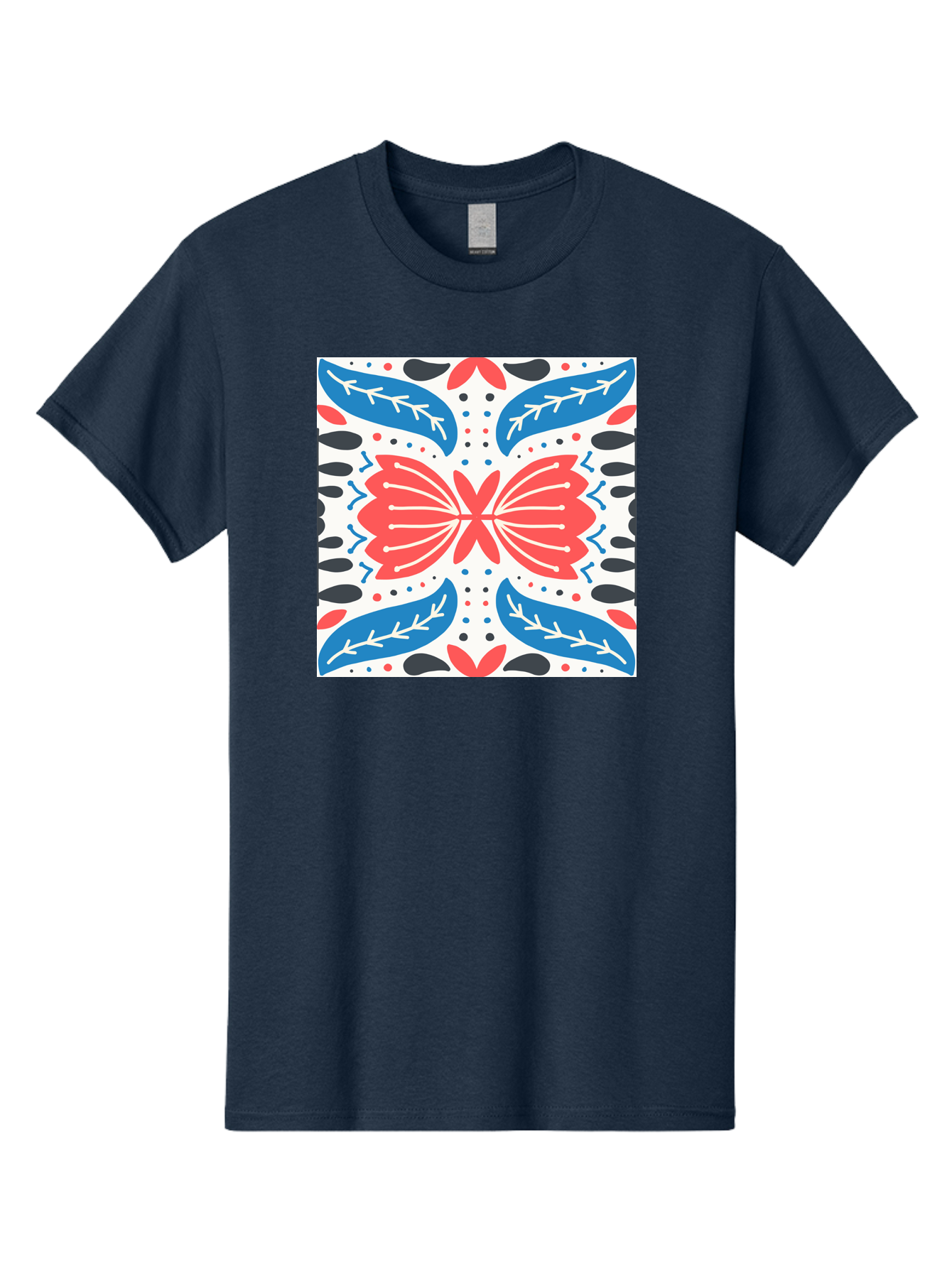 Butterfly-Pattern Men'S Graphic Tee, 100% Cotton, Comfortable Casual Summer Wear, Machine Washable, Butterfly, Floral Pattern, Red And Blue, Abstract Design, Symmetrical Shape, Graphic Illustration, Folk Art, Decorative Elements, Leaf Shapes Aab675