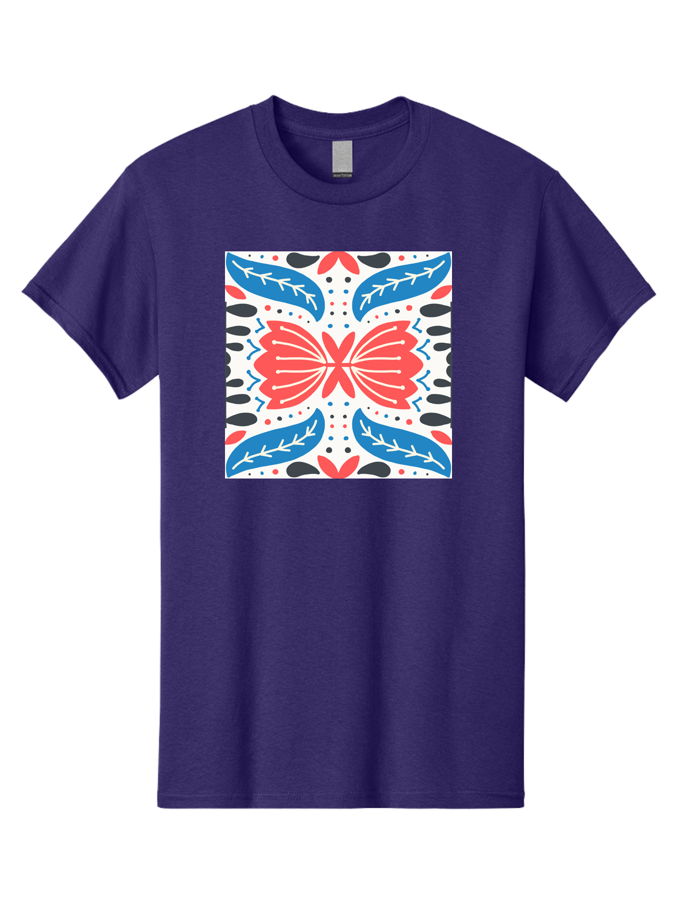 Butterfly-Pattern Men'S Graphic Tee, 100% Cotton, Comfortable Casual Summer Wear, Machine Washable, Butterfly, Floral Pattern, Red And Blue, Abstract Design, Symmetrical Shape, Graphic Illustration, Folk Art, Decorative Elements, Leaf Shapes Aab675