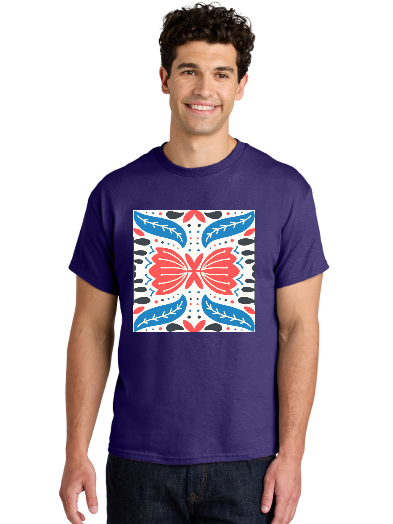 Butterfly-Pattern Men'S Graphic Tee, 100% Cotton, Comfortable Casual Summer Wear, Machine Washable, Butterfly, Floral Pattern, Red And Blue, Abstract Design, Symmetrical Shape, Graphic Illustration, Folk Art, Decorative Elements, Leaf Shapes Aab675