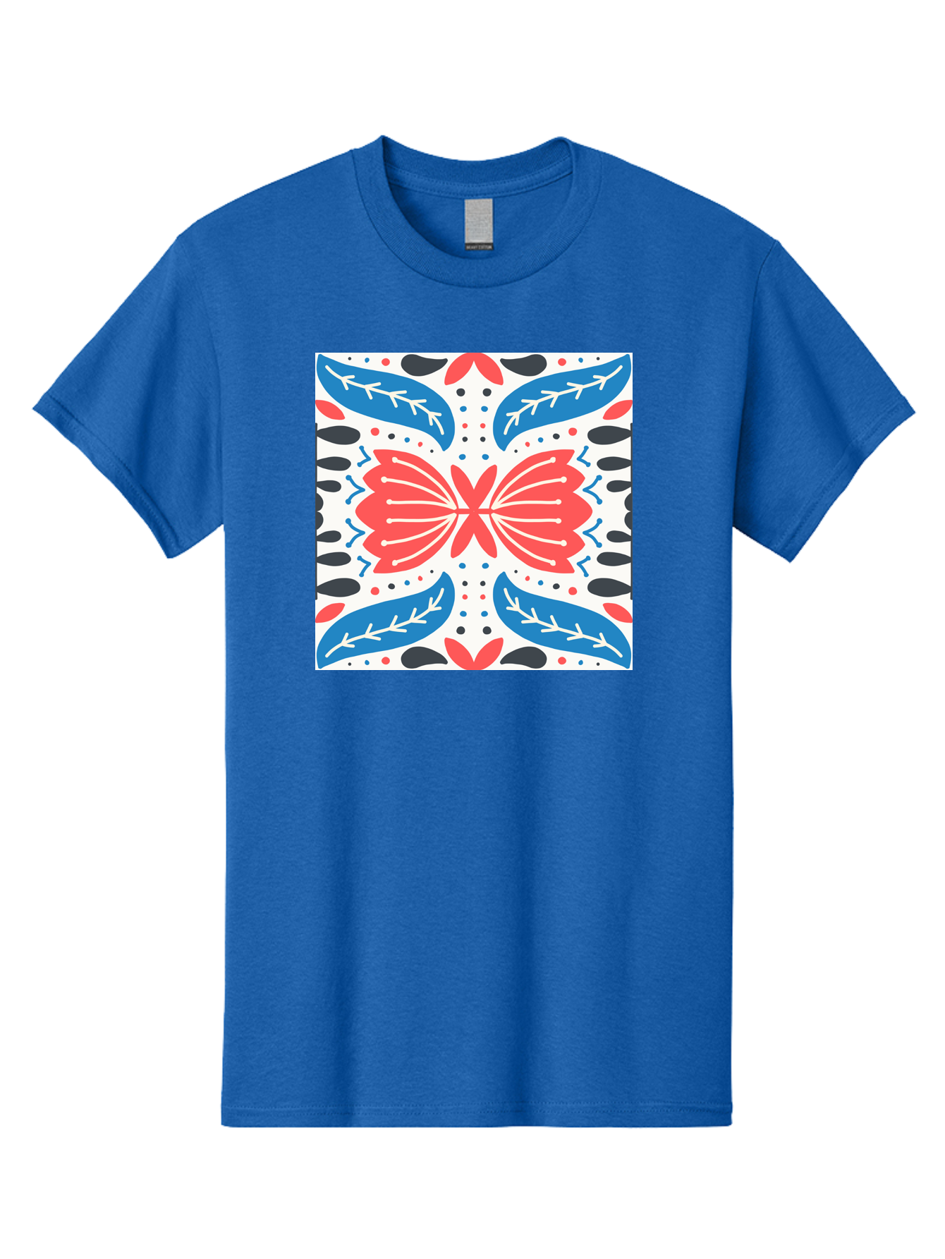 Butterfly-Pattern Men'S Graphic Tee, 100% Cotton, Comfortable Casual Summer Wear, Machine Washable, Butterfly, Floral Pattern, Red And Blue, Abstract Design, Symmetrical Shape, Graphic Illustration, Folk Art, Decorative Elements, Leaf Shapes Aab675