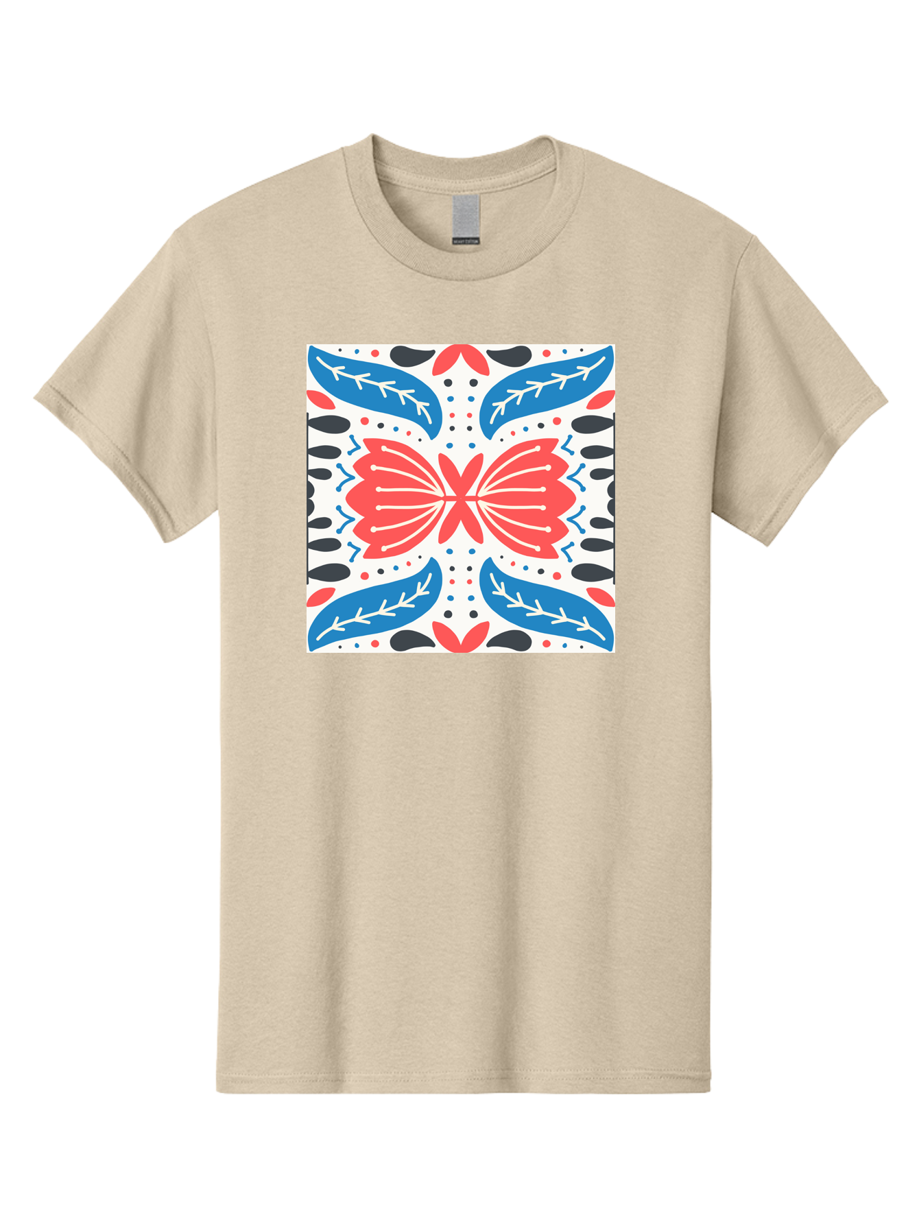 Butterfly-Pattern Men'S Graphic Tee, 100% Cotton, Comfortable Casual Summer Wear, Machine Washable, Butterfly, Floral Pattern, Red And Blue, Abstract Design, Symmetrical Shape, Graphic Illustration, Folk Art, Decorative Elements, Leaf Shapes Aab675