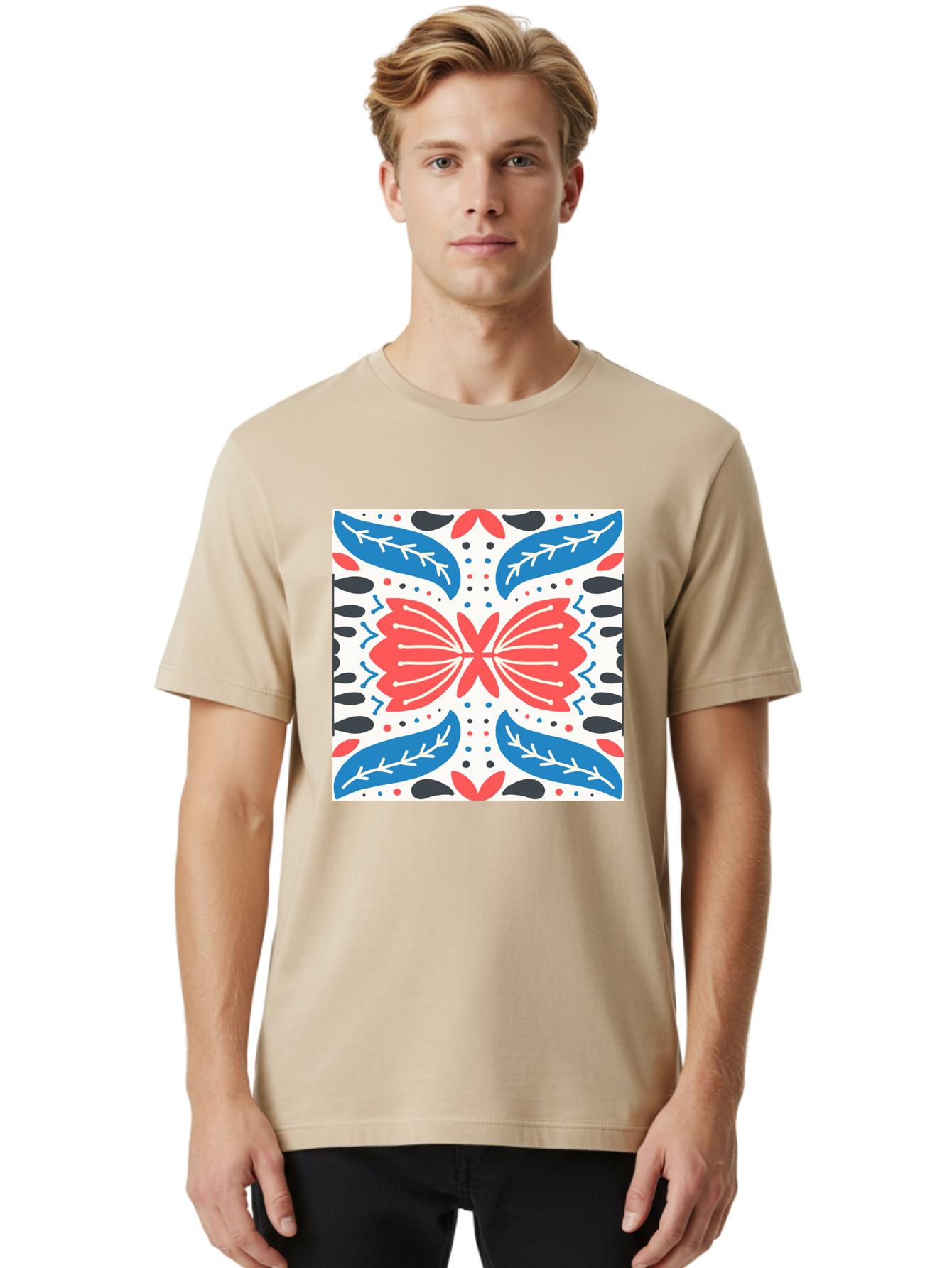 Butterfly-Pattern Men'S Graphic Tee, 100% Cotton, Comfortable Casual Summer Wear, Machine Washable, Butterfly, Floral Pattern, Red And Blue, Abstract Design, Symmetrical Shape, Graphic Illustration, Folk Art, Decorative Elements, Leaf Shapes Aab675