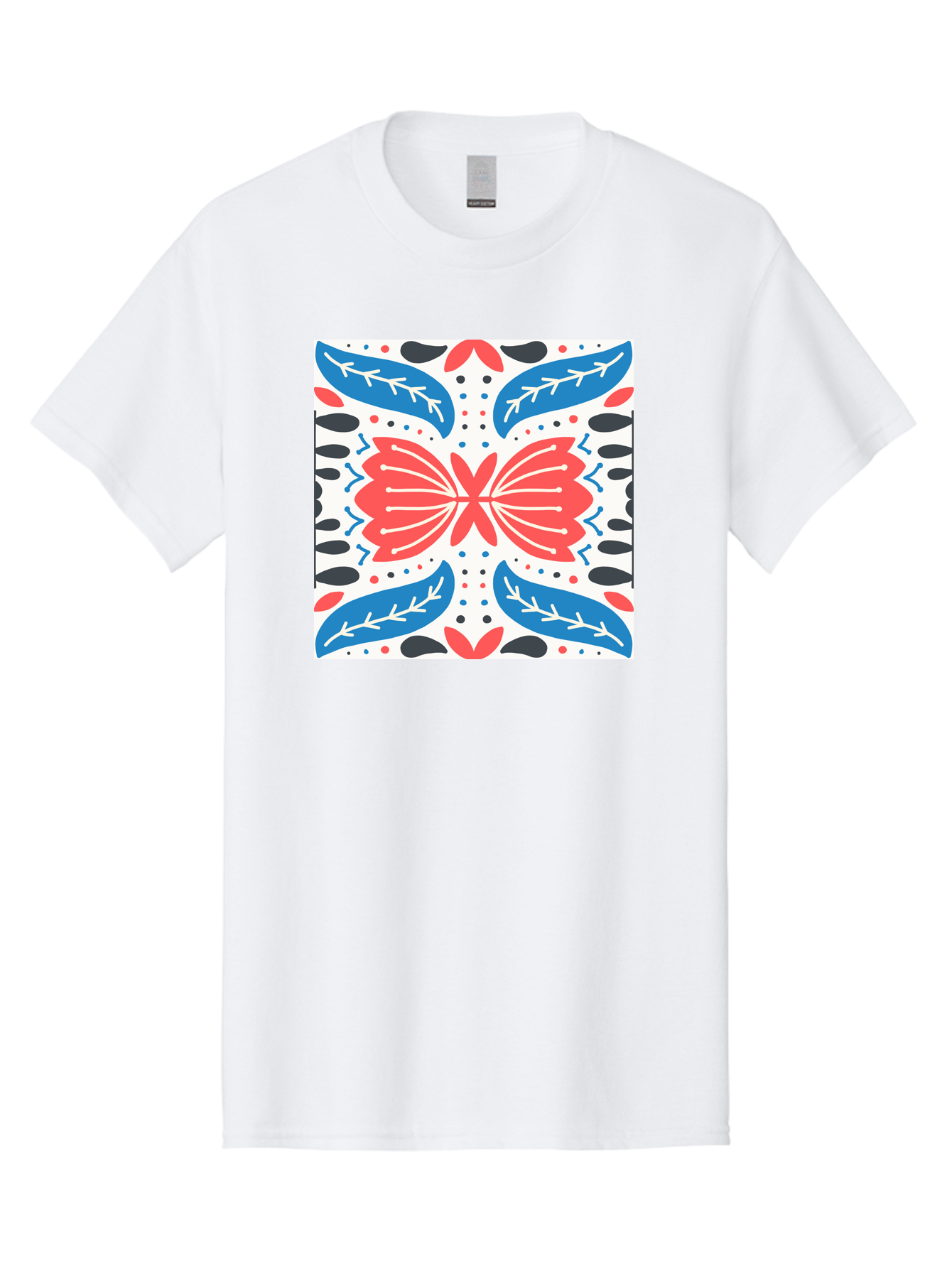 Butterfly-Pattern Men'S Graphic Tee, 100% Cotton, Comfortable Casual Summer Wear, Machine Washable, Butterfly, Floral Pattern, Red And Blue, Abstract Design, Symmetrical Shape, Graphic Illustration, Folk Art, Decorative Elements, Leaf Shapes Aab675