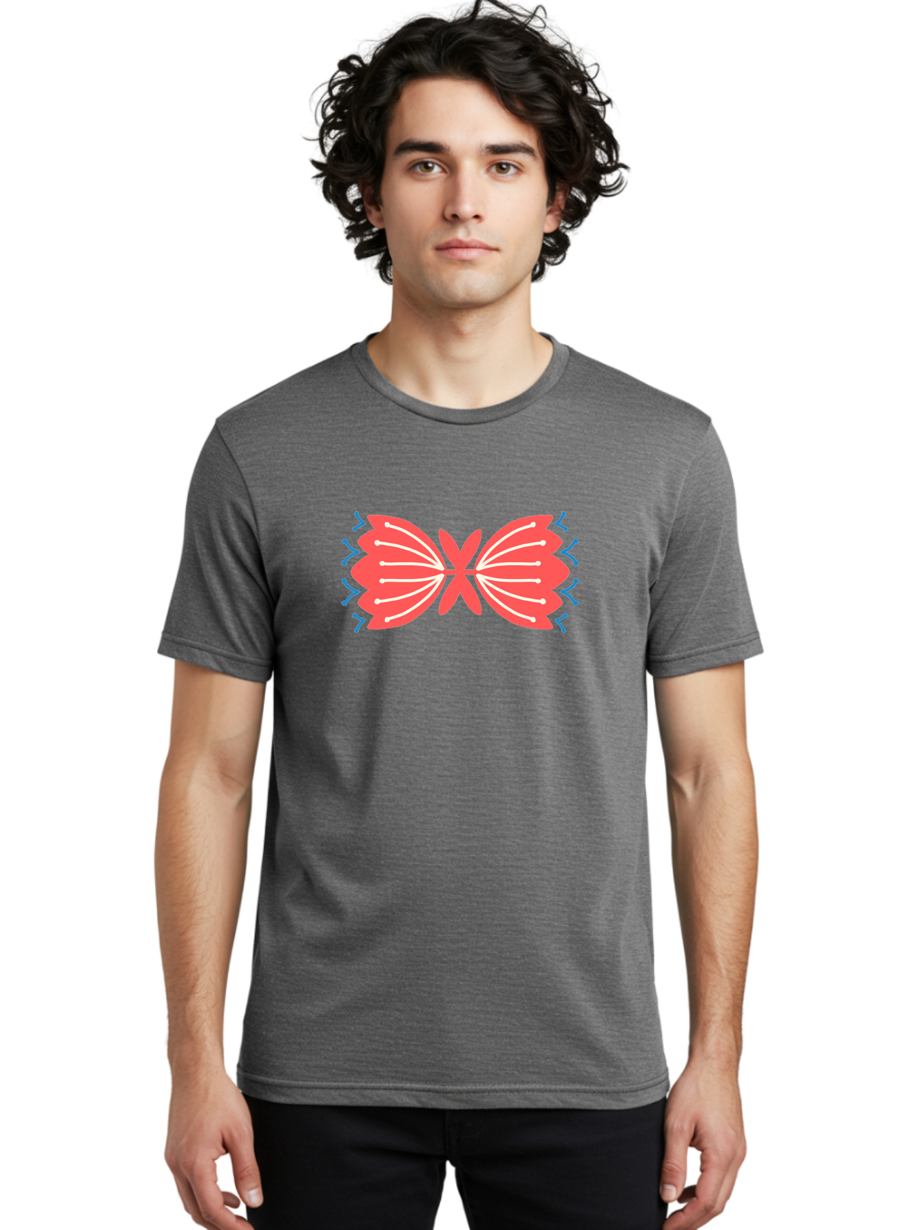 Butterfly Men'S Graphic Tee, 100% Cotton, Comfortable Casual Summer Wear, Machine Washable, Pink Butterfly, Symmetrical Design, White Lines, Blue Zigzags, Abstract Art, Colorful Graphics, Modern Illustration, Decorative Wings Aab676