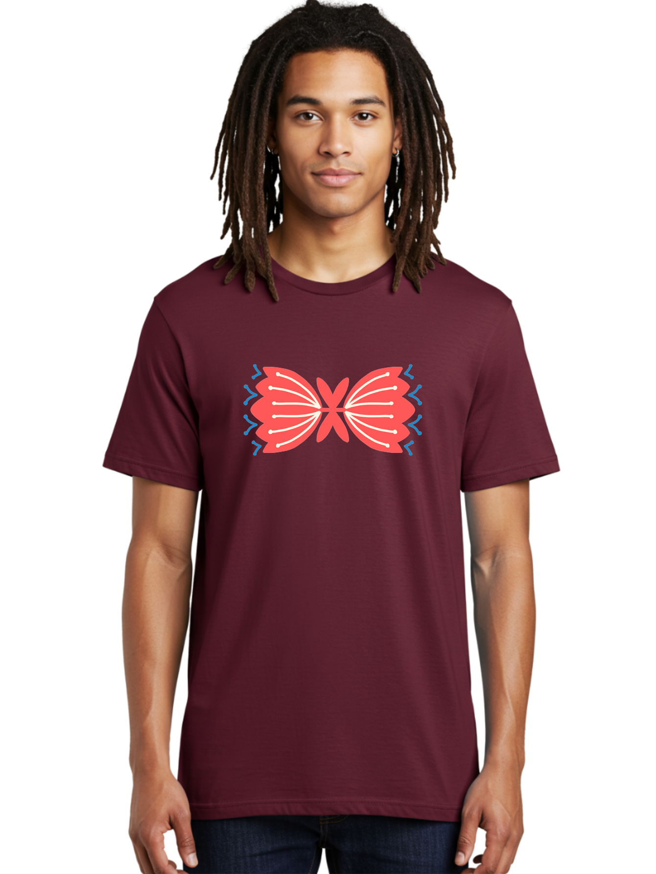 Butterfly Men'S Graphic Tee, 100% Cotton, Comfortable Casual Summer Wear, Machine Washable, Pink Butterfly, Symmetrical Design, White Lines, Blue Zigzags, Abstract Art, Colorful Graphics, Modern Illustration, Decorative Wings Aab676