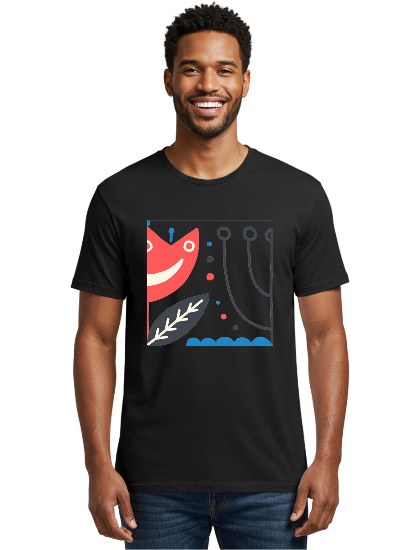 Cat-Face-Leaf Men'S Graphic Tee, 100% Cotton, Comfortable Casual Summer Wear, Machine Washable, Smiling Face, Cartoon Character, Whimsical Design, Abstract Shapes, Playful Atmosphere, Black Leaf, White Details, Multi-Colored Dots, Aab678