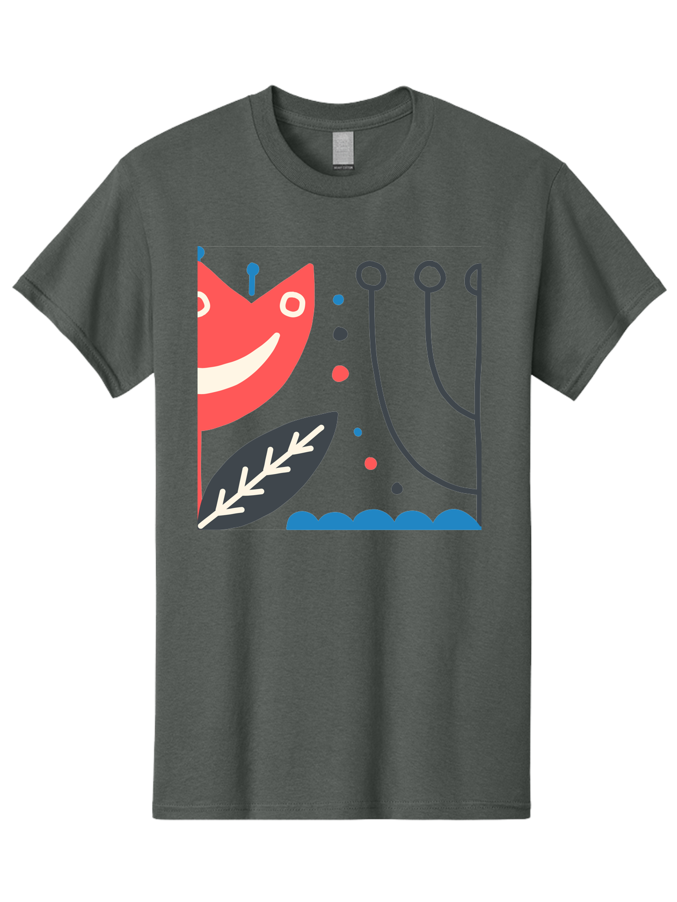 Cat-Face-Leaf Men'S Graphic Tee, 100% Cotton, Comfortable Casual Summer Wear, Machine Washable, Smiling Face, Cartoon Character, Whimsical Design, Abstract Shapes, Playful Atmosphere, Black Leaf, White Details, Multi-Colored Dots, Aab678