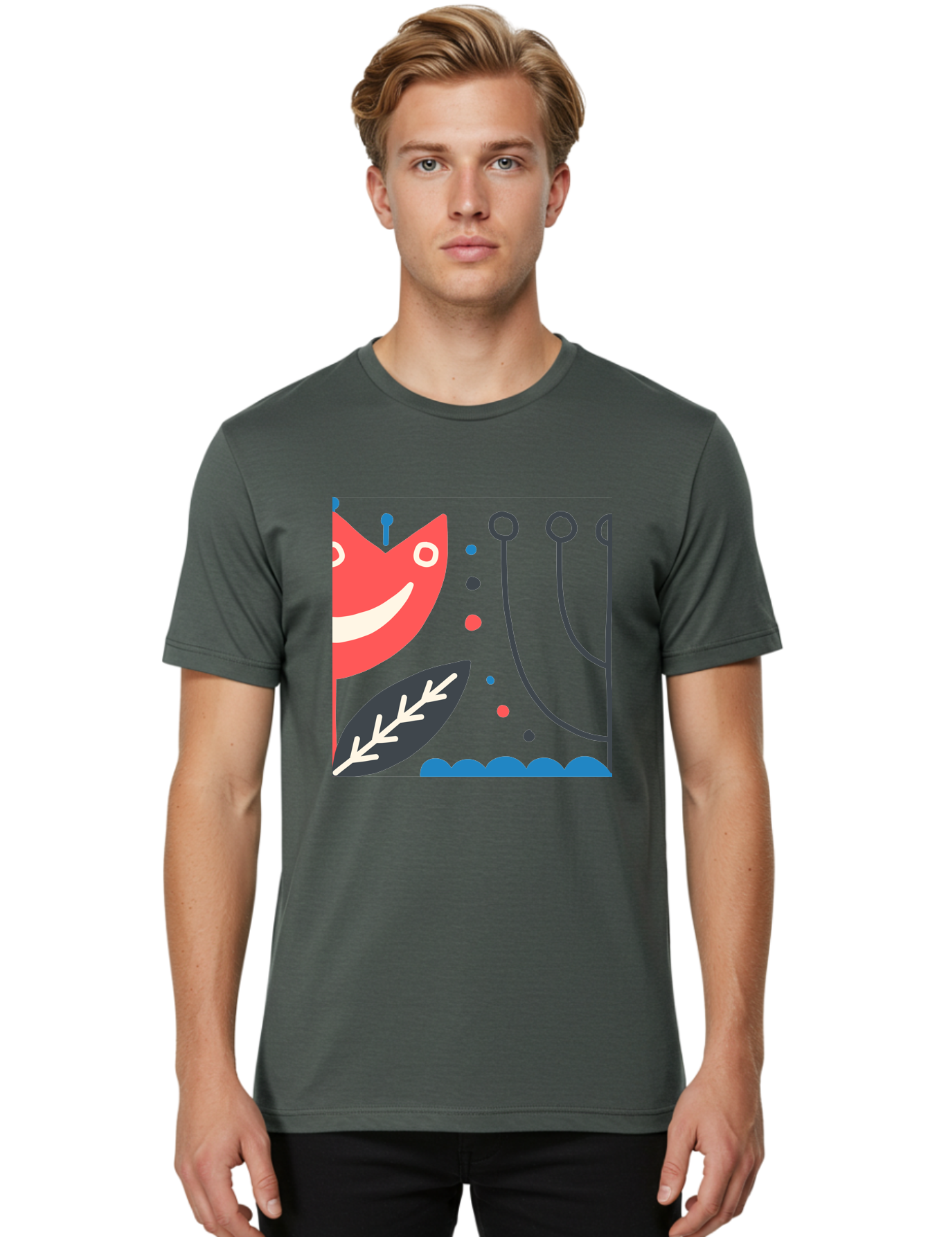 Cat-Face-Leaf Men'S Graphic Tee, 100% Cotton, Comfortable Casual Summer Wear, Machine Washable, Smiling Face, Cartoon Character, Whimsical Design, Abstract Shapes, Playful Atmosphere, Black Leaf, White Details, Multi-Colored Dots, Aab678