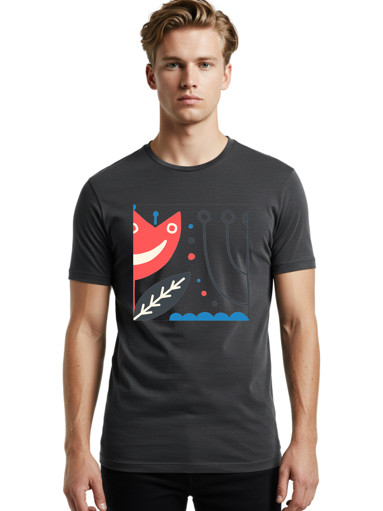 Cat-Face-Leaf Men'S Graphic Tee, 100% Cotton, Comfortable Casual Summer Wear, Machine Washable, Smiling Face, Cartoon Character, Whimsical Design, Abstract Shapes, Playful Atmosphere, Black Leaf, White Details, Multi-Colored Dots, Aab678