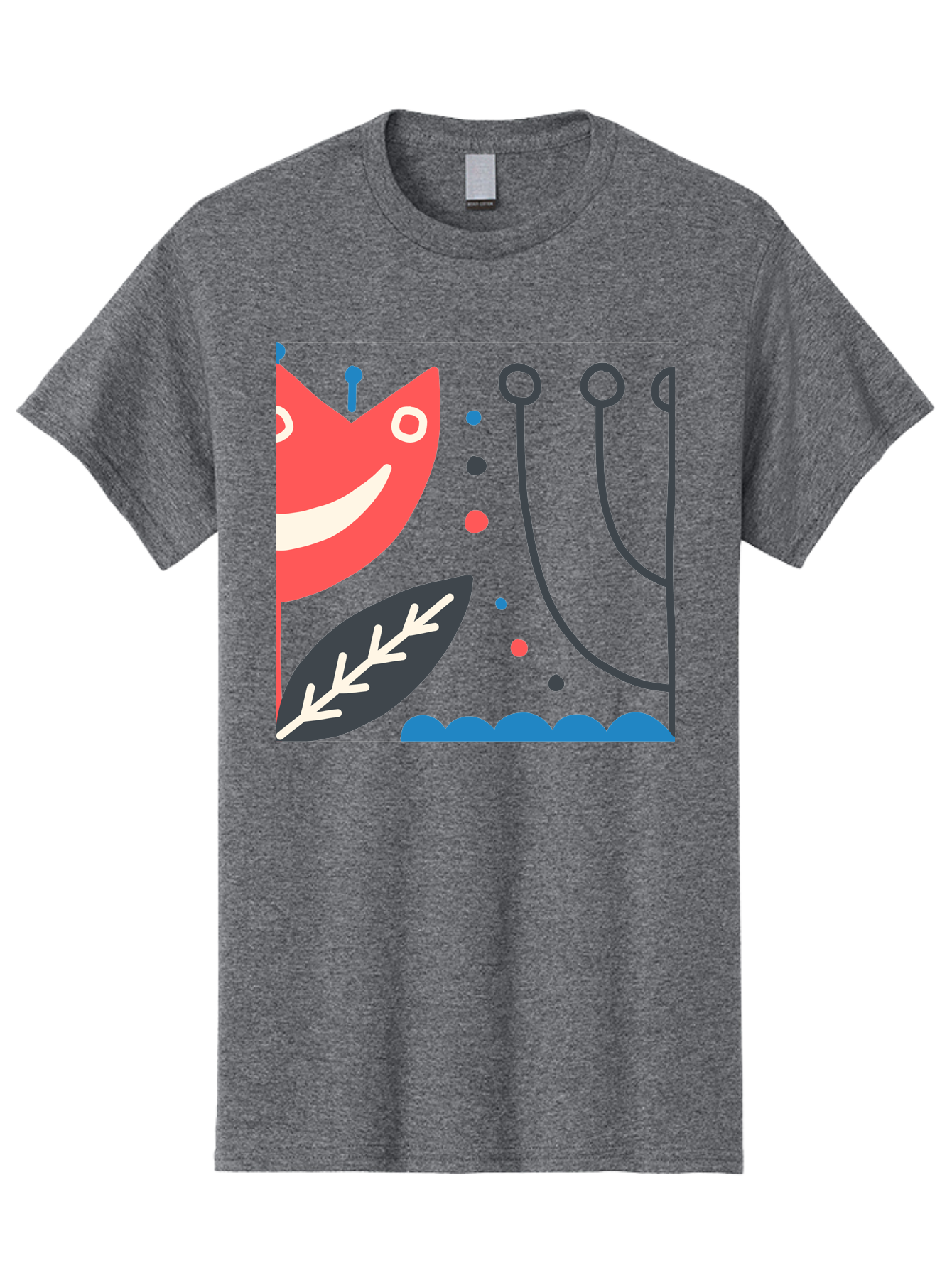 Cat-Face-Leaf Men'S Graphic Tee, 100% Cotton, Comfortable Casual Summer Wear, Machine Washable, Smiling Face, Cartoon Character, Whimsical Design, Abstract Shapes, Playful Atmosphere, Black Leaf, White Details, Multi-Colored Dots, Aab678