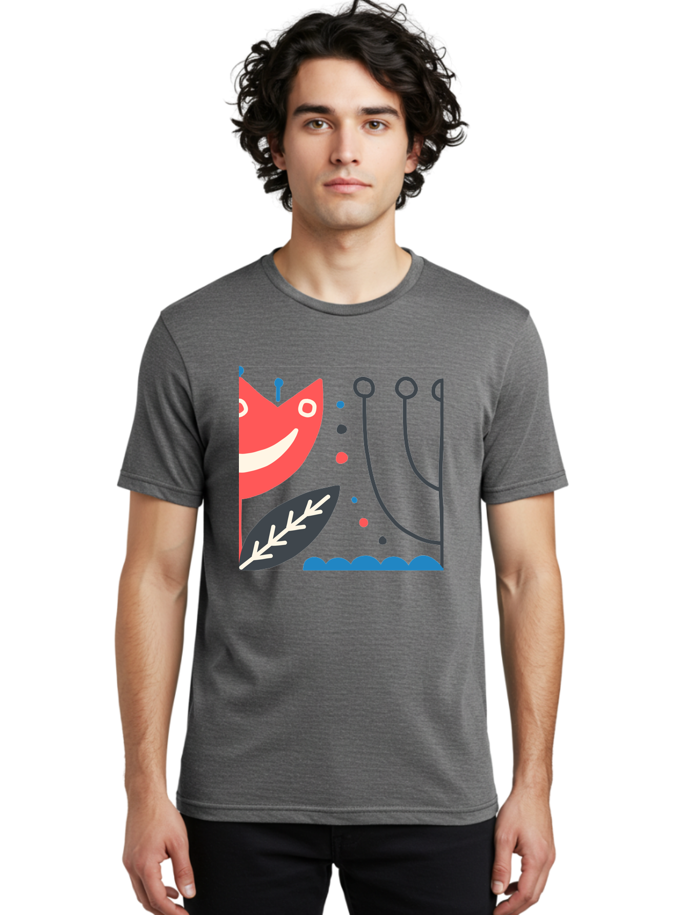 Cat-Face-Leaf Men'S Graphic Tee, 100% Cotton, Comfortable Casual Summer Wear, Machine Washable, Smiling Face, Cartoon Character, Whimsical Design, Abstract Shapes, Playful Atmosphere, Black Leaf, White Details, Multi-Colored Dots, Aab678