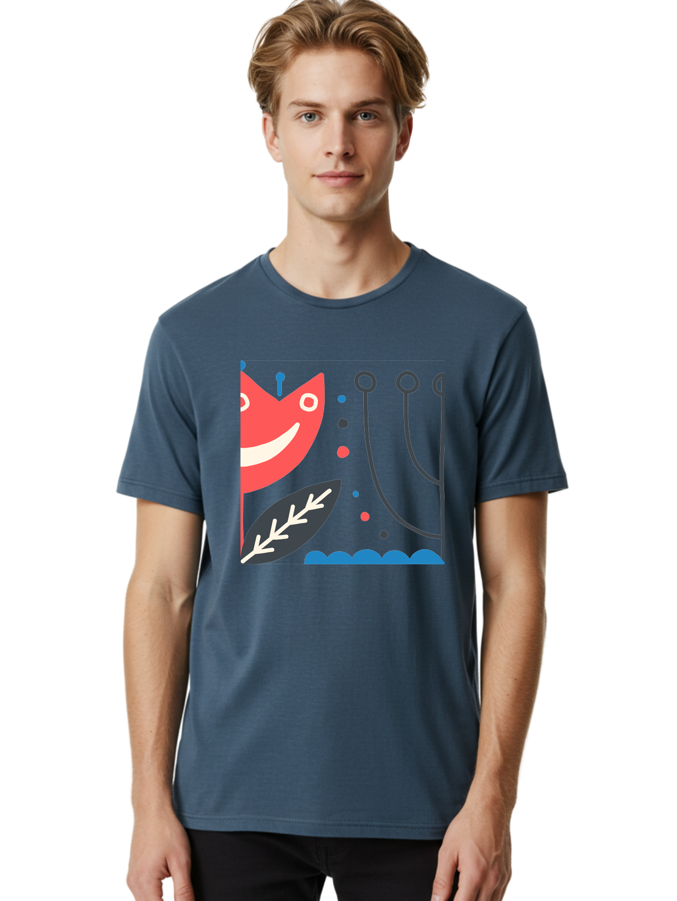 Cat-Face-Leaf Men'S Graphic Tee, 100% Cotton, Comfortable Casual Summer Wear, Machine Washable, Smiling Face, Cartoon Character, Whimsical Design, Abstract Shapes, Playful Atmosphere, Black Leaf, White Details, Multi-Colored Dots, Aab678