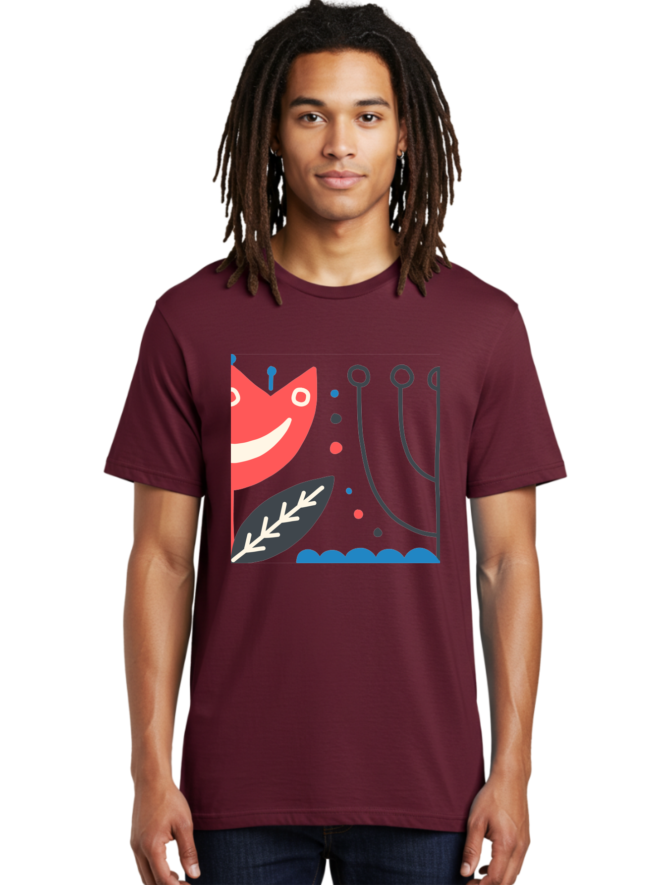 Cat-Face-Leaf Men'S Graphic Tee, 100% Cotton, Comfortable Casual Summer Wear, Machine Washable, Smiling Face, Cartoon Character, Whimsical Design, Abstract Shapes, Playful Atmosphere, Black Leaf, White Details, Multi-Colored Dots, Aab678