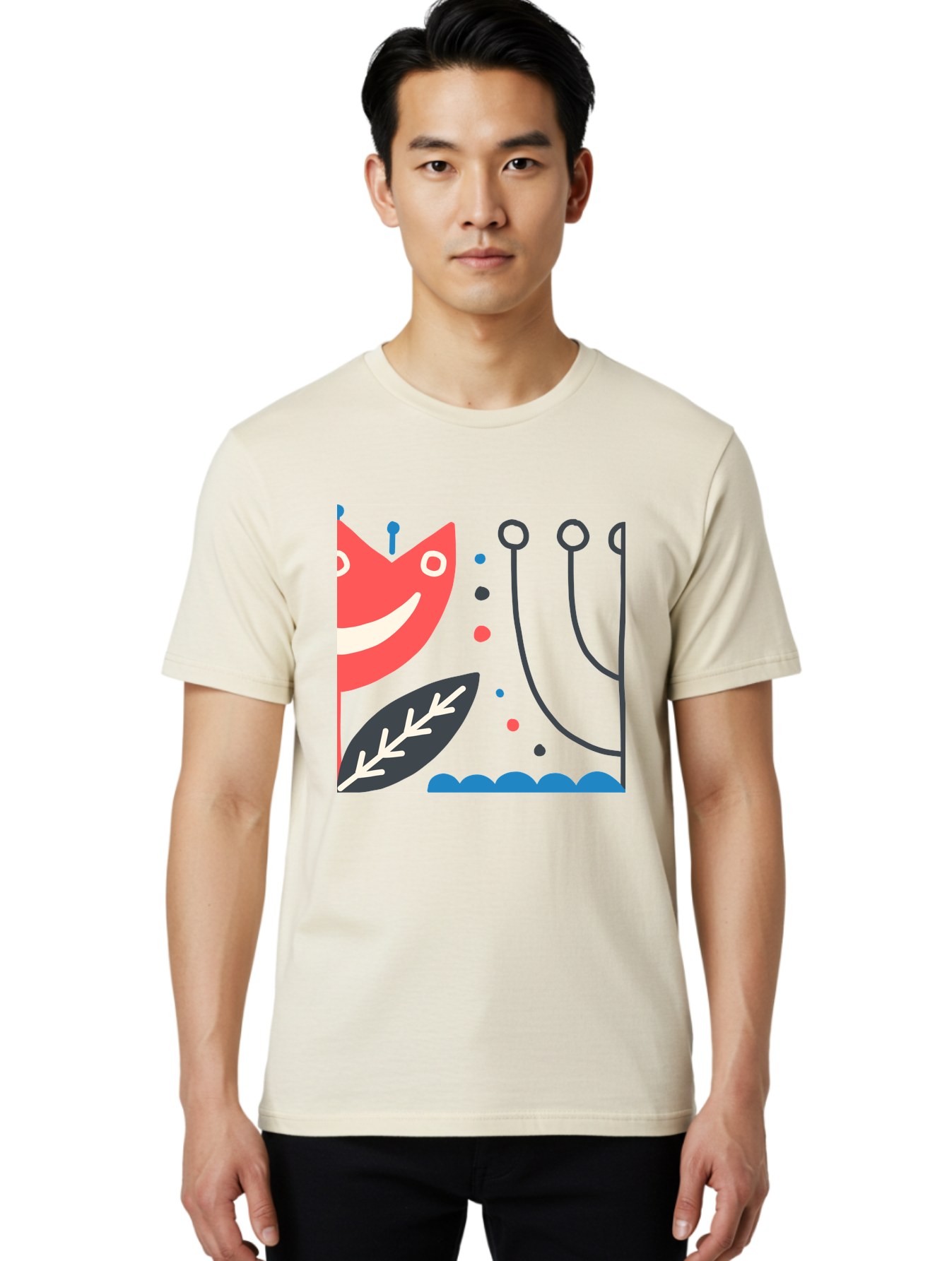 Cat-Face-Leaf Men'S Graphic Tee, 100% Cotton, Comfortable Casual Summer Wear, Machine Washable, Smiling Face, Cartoon Character, Whimsical Design, Abstract Shapes, Playful Atmosphere, Black Leaf, White Details, Multi-Colored Dots, Aab678