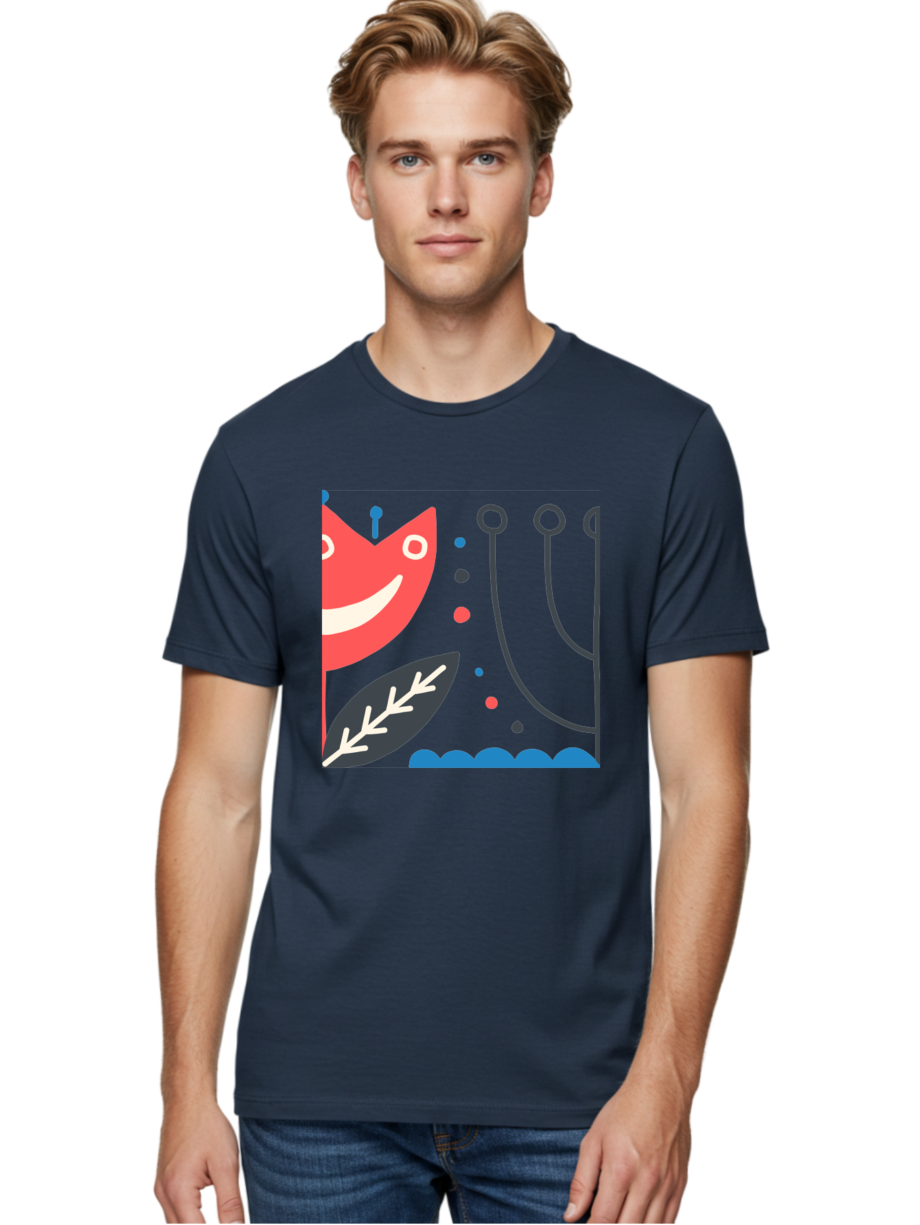 Cat-Face-Leaf Men'S Graphic Tee, 100% Cotton, Comfortable Casual Summer Wear, Machine Washable, Smiling Face, Cartoon Character, Whimsical Design, Abstract Shapes, Playful Atmosphere, Black Leaf, White Details, Multi-Colored Dots, Aab678
