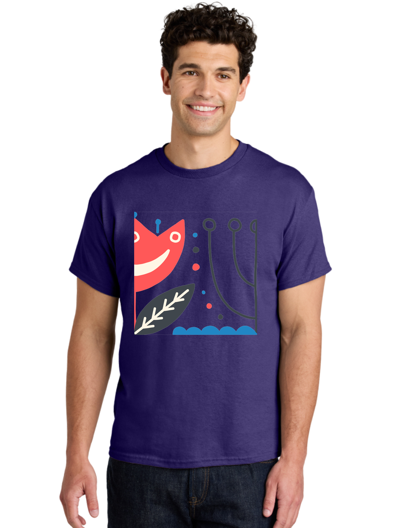 Cat-Face-Leaf Men'S Graphic Tee, 100% Cotton, Comfortable Casual Summer Wear, Machine Washable, Smiling Face, Cartoon Character, Whimsical Design, Abstract Shapes, Playful Atmosphere, Black Leaf, White Details, Multi-Colored Dots, Aab678