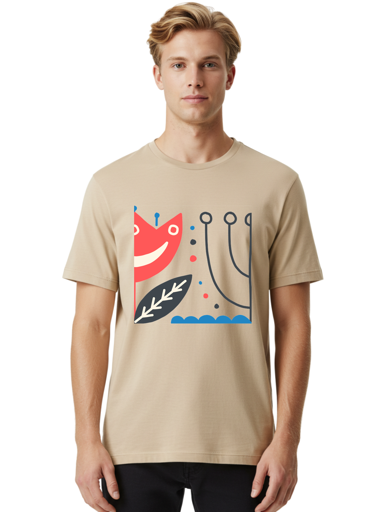 Cat-Face-Leaf Men'S Graphic Tee, 100% Cotton, Comfortable Casual Summer Wear, Machine Washable, Smiling Face, Cartoon Character, Whimsical Design, Abstract Shapes, Playful Atmosphere, Black Leaf, White Details, Multi-Colored Dots, Aab678