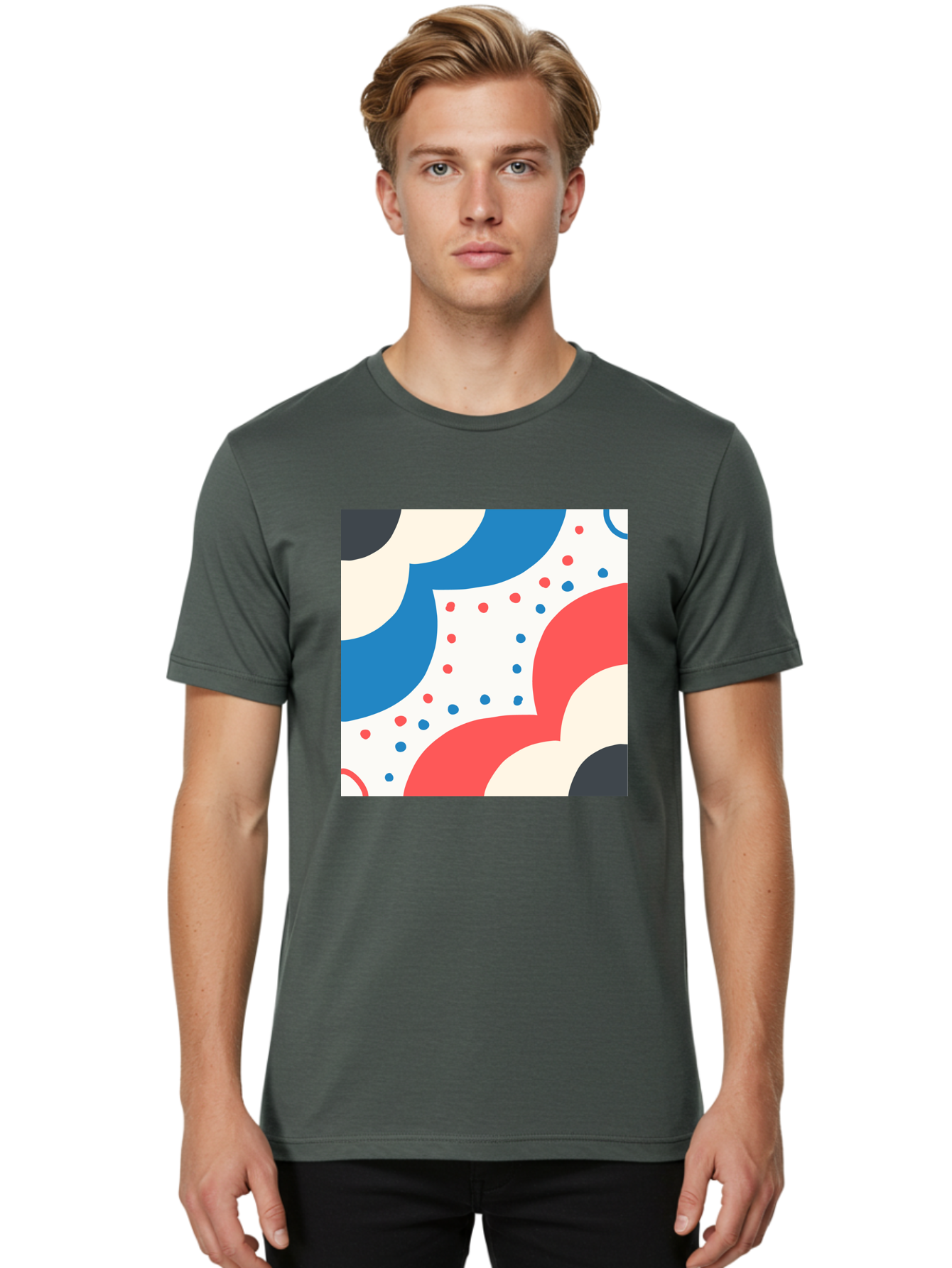 Colorful-Floral-Pattern Men'S Graphic Tee, 100% Cotton, Comfortable Casual Summer Wear, Machine Washable, Geometric Shapes, Abstract Design, Colorful Patterns, Blue Red Black White, Modern Art, Creative Graphics, Dynamic Layout, Aab680