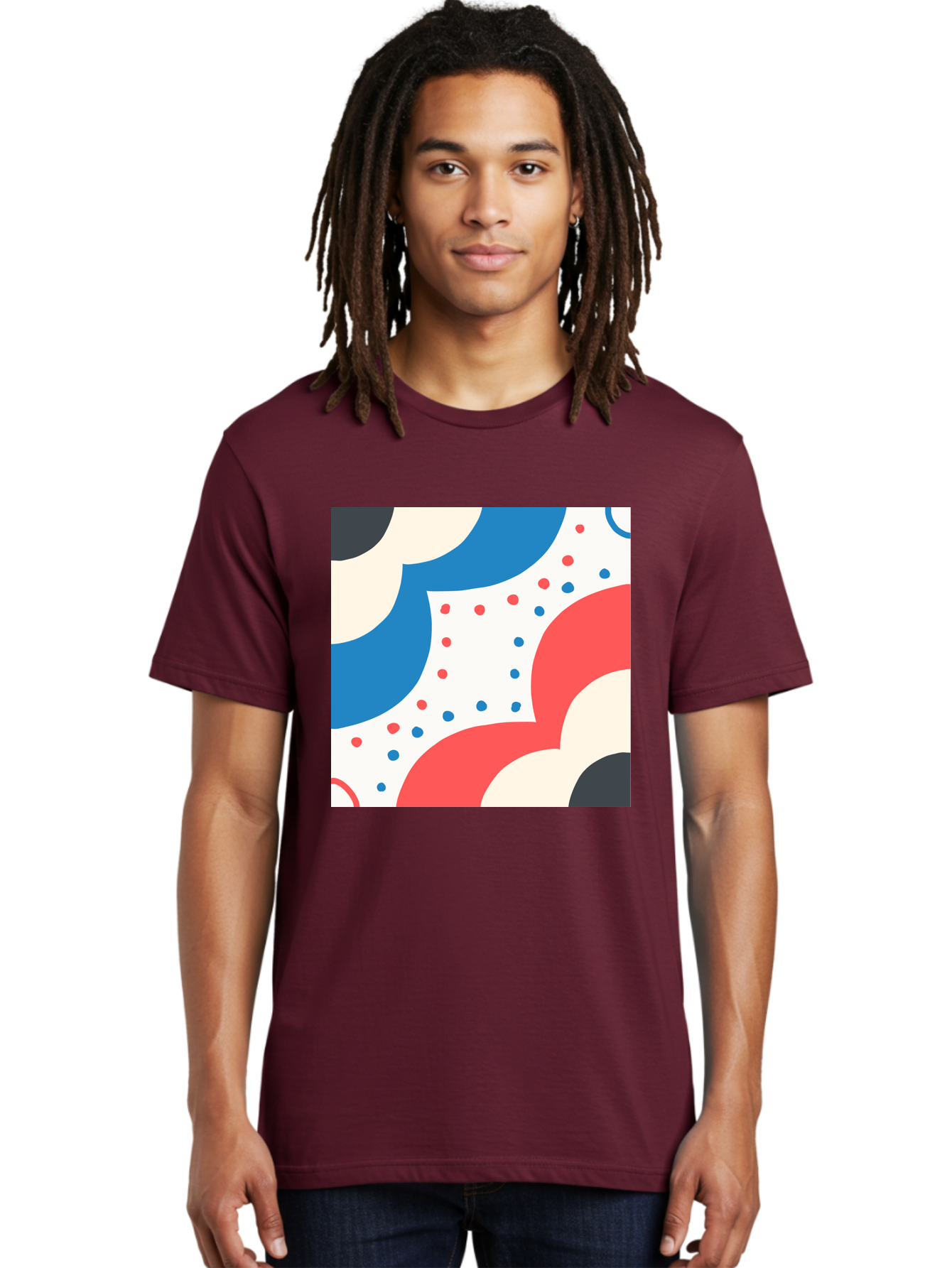 Colorful-Floral-Pattern Men'S Graphic Tee, 100% Cotton, Comfortable Casual Summer Wear, Machine Washable, Geometric Shapes, Abstract Design, Colorful Patterns, Blue Red Black White, Modern Art, Creative Graphics, Dynamic Layout, Aab680