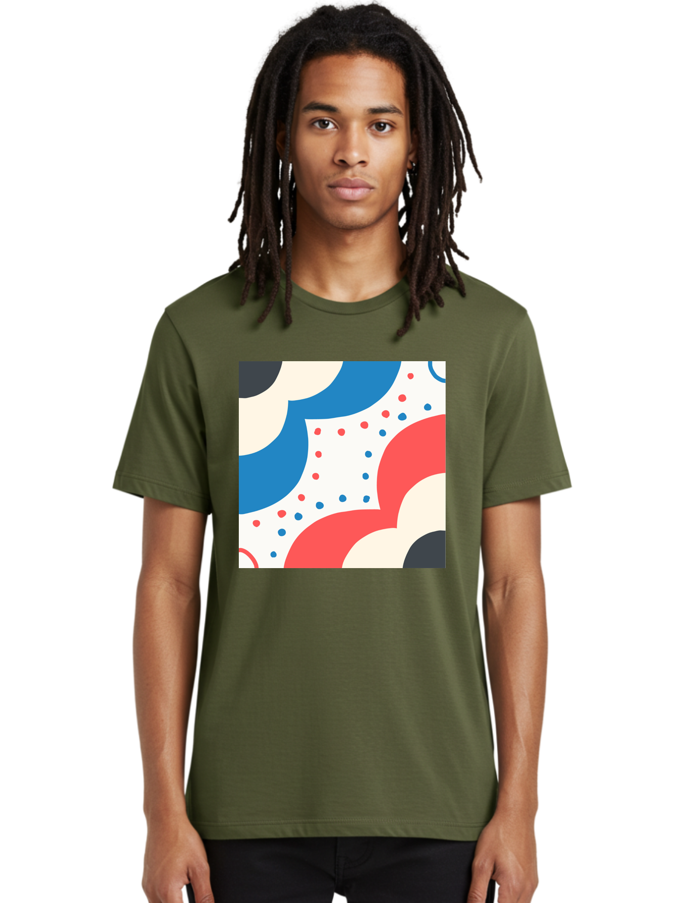 Colorful-Floral-Pattern Men'S Graphic Tee, 100% Cotton, Comfortable Casual Summer Wear, Machine Washable, Geometric Shapes, Abstract Design, Colorful Patterns, Blue Red Black White, Modern Art, Creative Graphics, Dynamic Layout, Aab680
