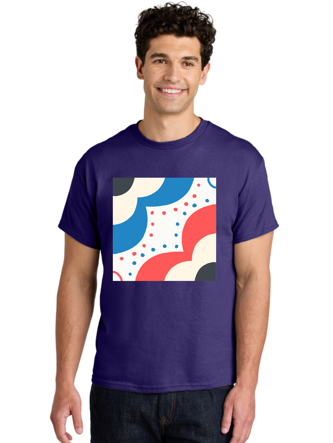 Colorful-Floral-Pattern Men'S Graphic Tee, 100% Cotton, Comfortable Casual Summer Wear, Machine Washable, Geometric Shapes, Abstract Design, Colorful Patterns, Blue Red Black White, Modern Art, Creative Graphics, Dynamic Layout, Aab680