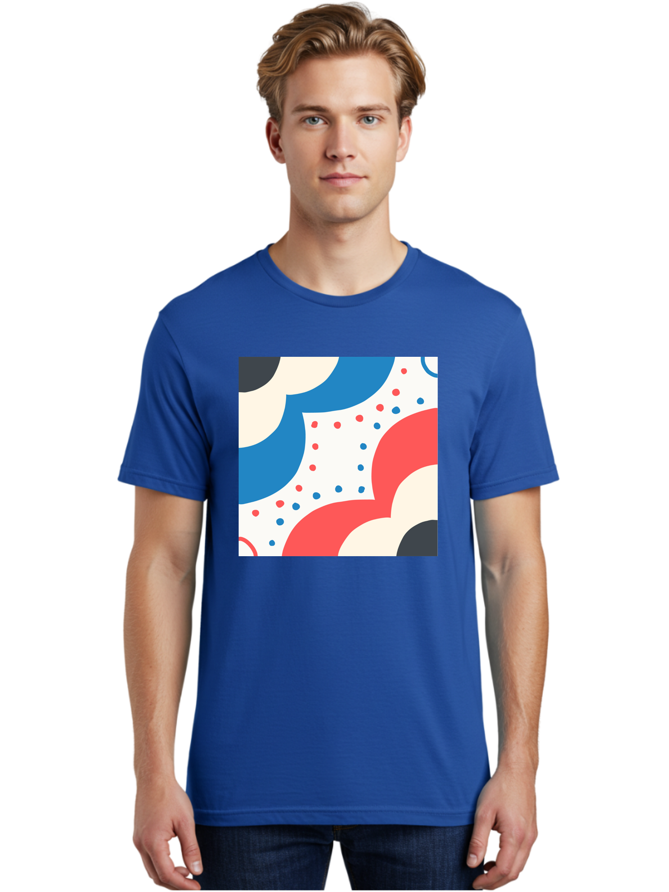 Colorful-Floral-Pattern Men'S Graphic Tee, 100% Cotton, Comfortable Casual Summer Wear, Machine Washable, Geometric Shapes, Abstract Design, Colorful Patterns, Blue Red Black White, Modern Art, Creative Graphics, Dynamic Layout, Aab680