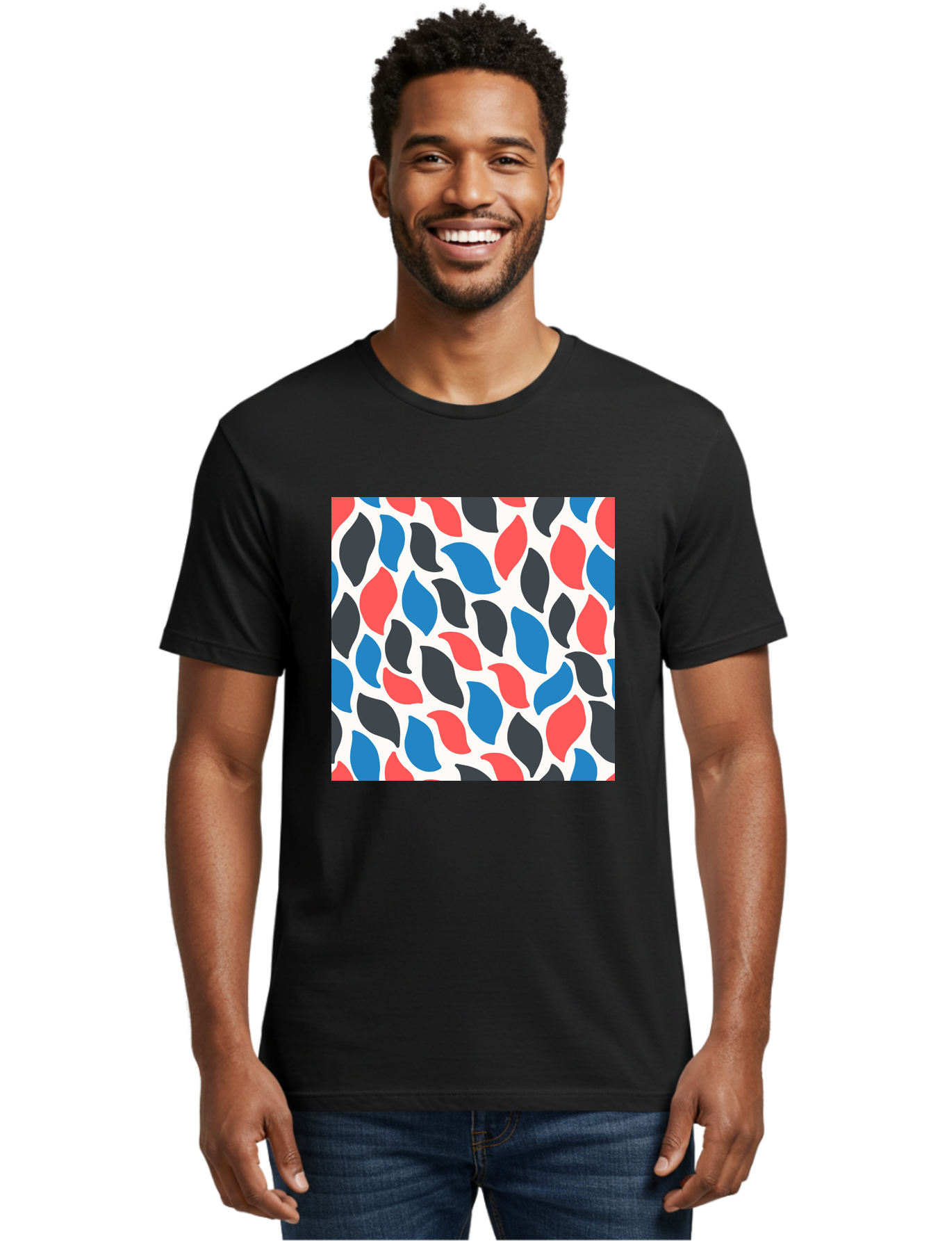 Colorful-Leaves-Pattern Men'S Graphic Tee, 100% Cotton, Comfortable Casual Summer Wear, Machine Washable, Multicolored Leaf Pattern, Red Blue Black Leaves, Abstract Design, Colorful Shapes, Leaf Motifs, Graphic Elements, Vibrant Hues, Aab681
