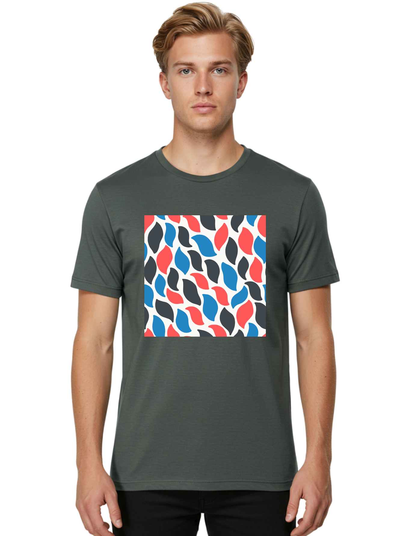 Colorful-Leaves-Pattern Men'S Graphic Tee, 100% Cotton, Comfortable Casual Summer Wear, Machine Washable, Multicolored Leaf Pattern, Red Blue Black Leaves, Abstract Design, Colorful Shapes, Leaf Motifs, Graphic Elements, Vibrant Hues, Aab681