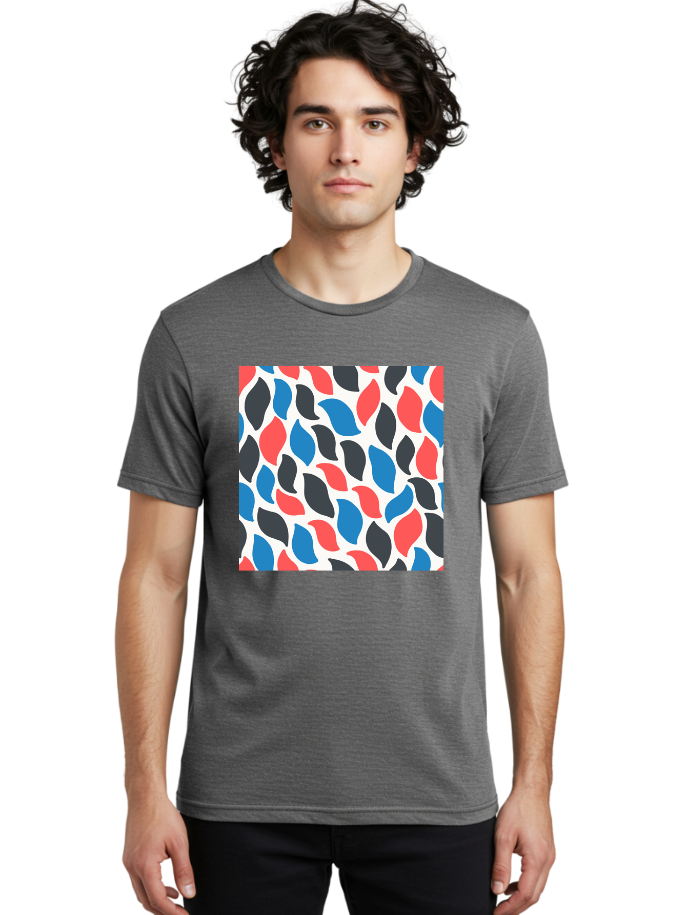 Colorful-Leaves-Pattern Men'S Graphic Tee, 100% Cotton, Comfortable Casual Summer Wear, Machine Washable, Multicolored Leaf Pattern, Red Blue Black Leaves, Abstract Design, Colorful Shapes, Leaf Motifs, Graphic Elements, Vibrant Hues, Aab681