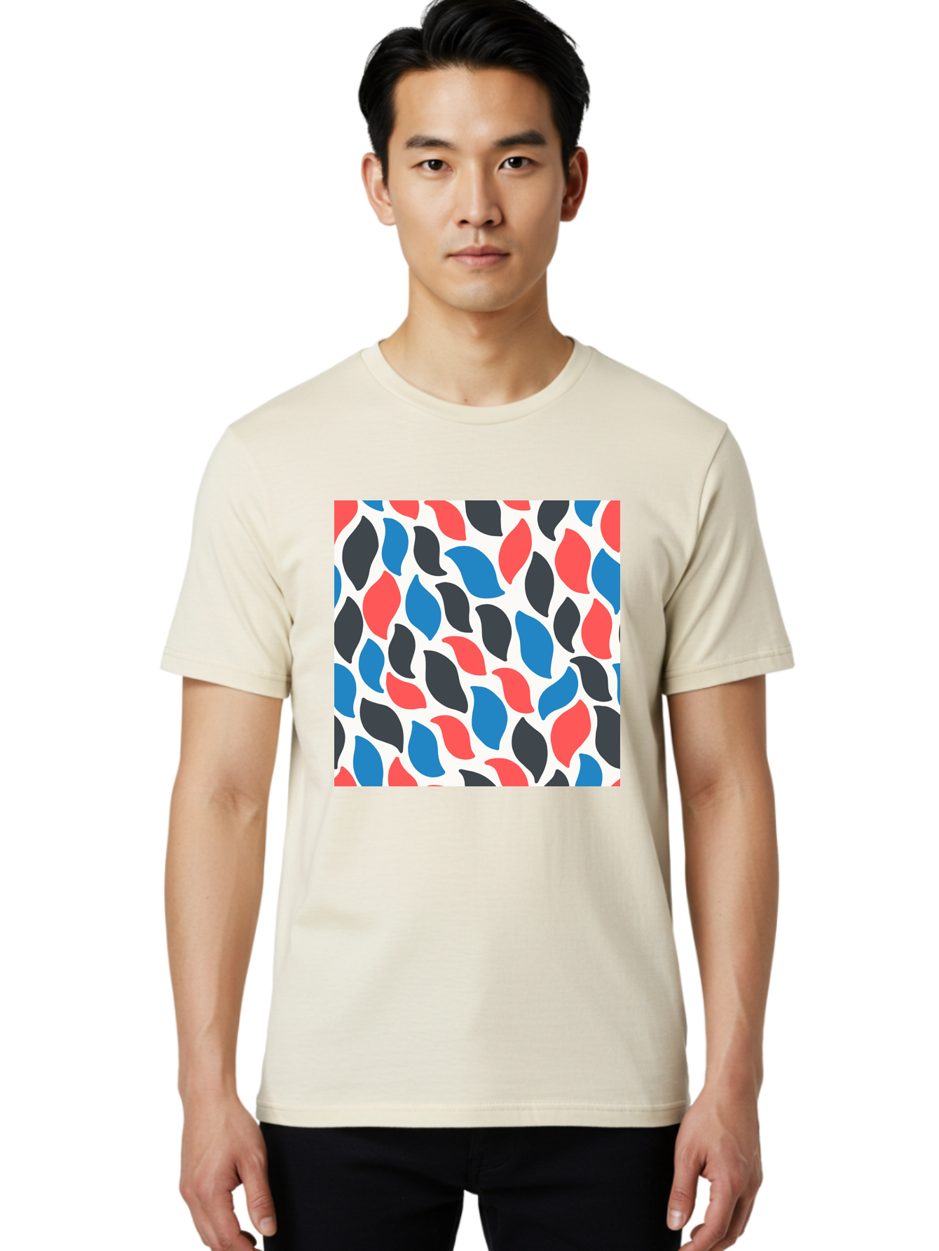 Colorful-Leaves-Pattern Men'S Graphic Tee, 100% Cotton, Comfortable Casual Summer Wear, Machine Washable, Multicolored Leaf Pattern, Red Blue Black Leaves, Abstract Design, Colorful Shapes, Leaf Motifs, Graphic Elements, Vibrant Hues, Aab681