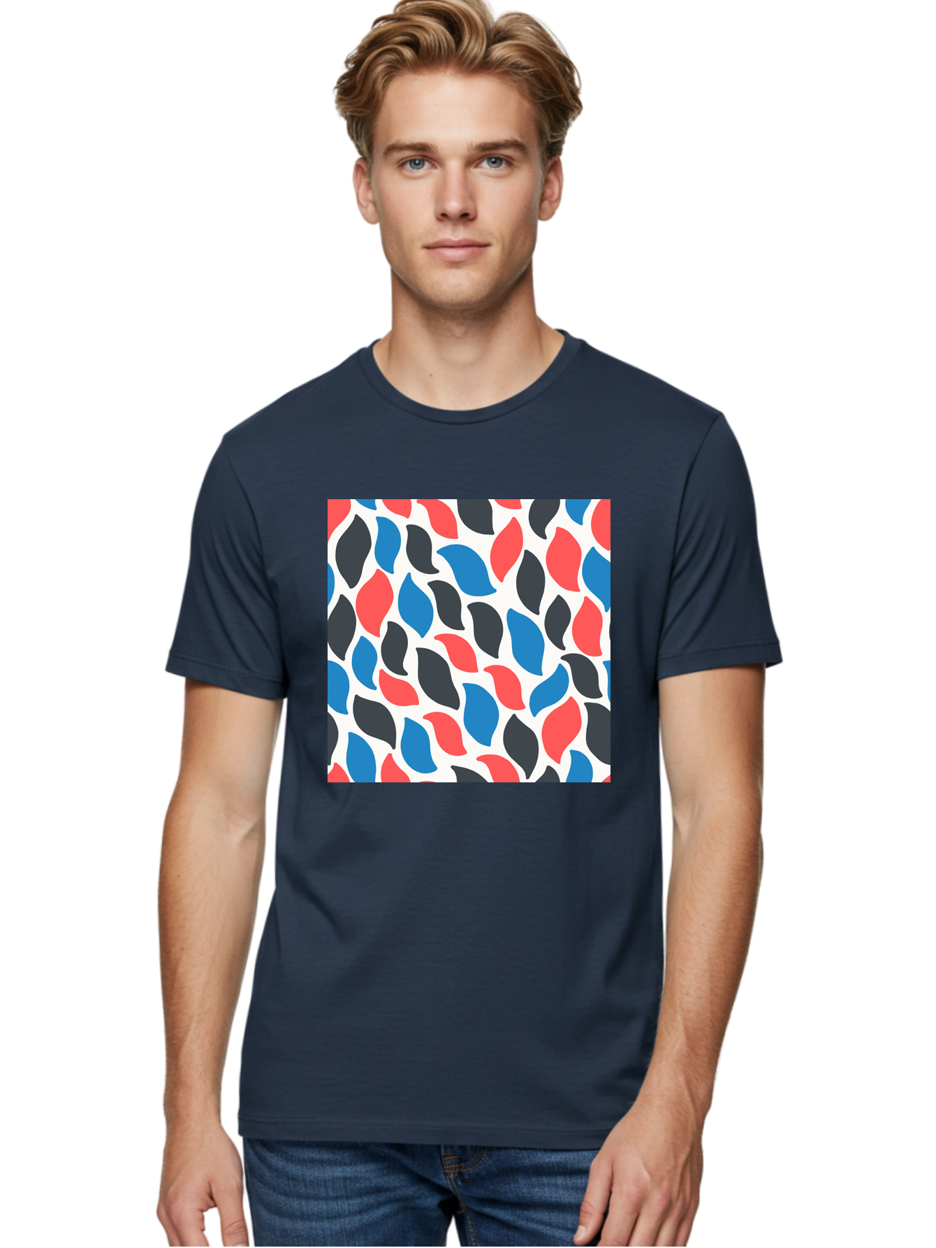Colorful-Leaves-Pattern Men'S Graphic Tee, 100% Cotton, Comfortable Casual Summer Wear, Machine Washable, Multicolored Leaf Pattern, Red Blue Black Leaves, Abstract Design, Colorful Shapes, Leaf Motifs, Graphic Elements, Vibrant Hues, Aab681
