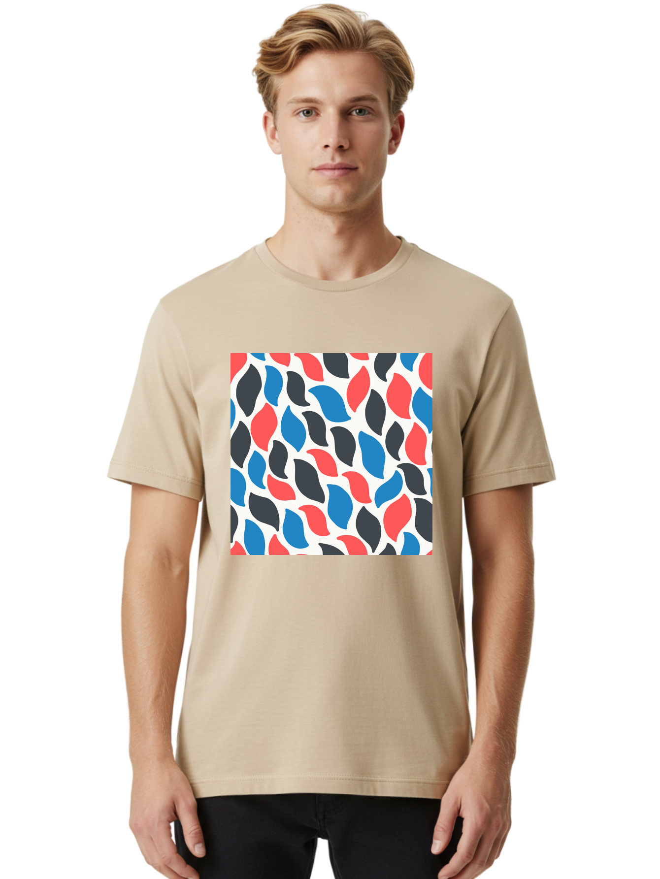 Colorful-Leaves-Pattern Men'S Graphic Tee, 100% Cotton, Comfortable Casual Summer Wear, Machine Washable, Multicolored Leaf Pattern, Red Blue Black Leaves, Abstract Design, Colorful Shapes, Leaf Motifs, Graphic Elements, Vibrant Hues, Aab681