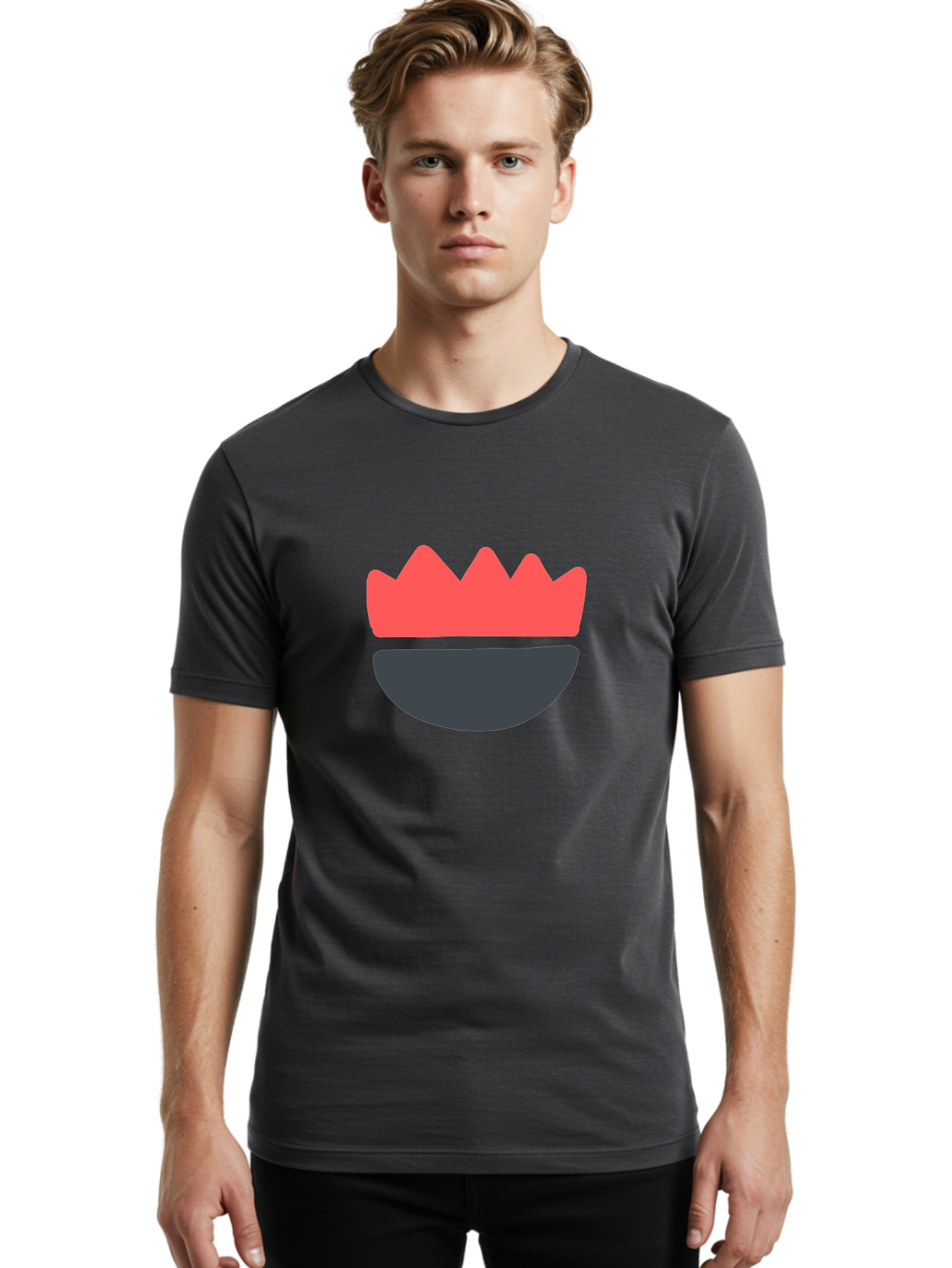 Crown-Smiley Men'S Graphic Tee, 100% Cotton, Comfortable Casual Summer Wear, Machine Washable, Coral Crown, Dark Grey Bowl, Minimalist Design, Simple Shapes, Modern Aesthetic, Bold Colors Aab684