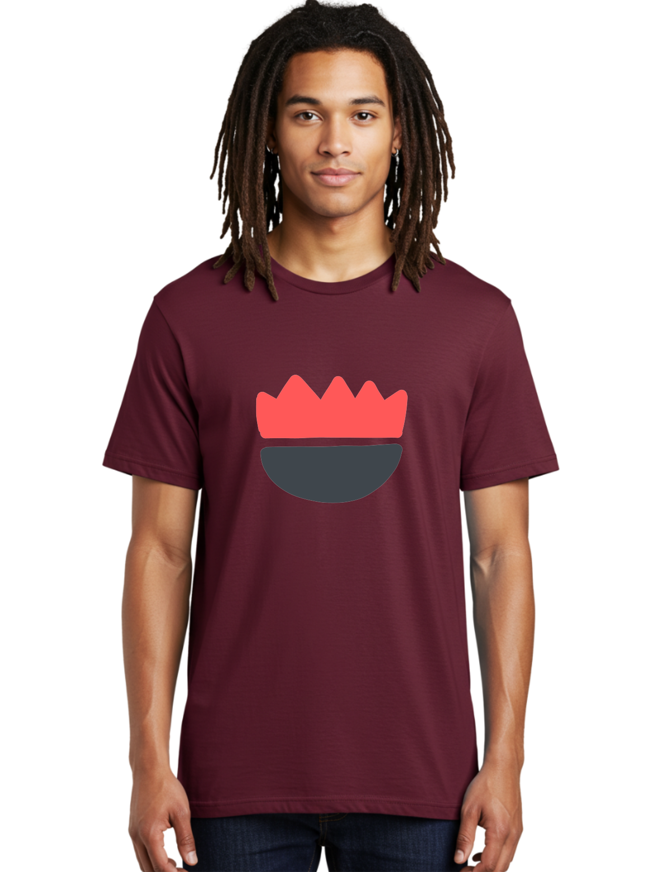 Crown-Smiley Men'S Graphic Tee, 100% Cotton, Comfortable Casual Summer Wear, Machine Washable, Coral Crown, Dark Grey Bowl, Minimalist Design, Simple Shapes, Modern Aesthetic, Bold Colors Aab684