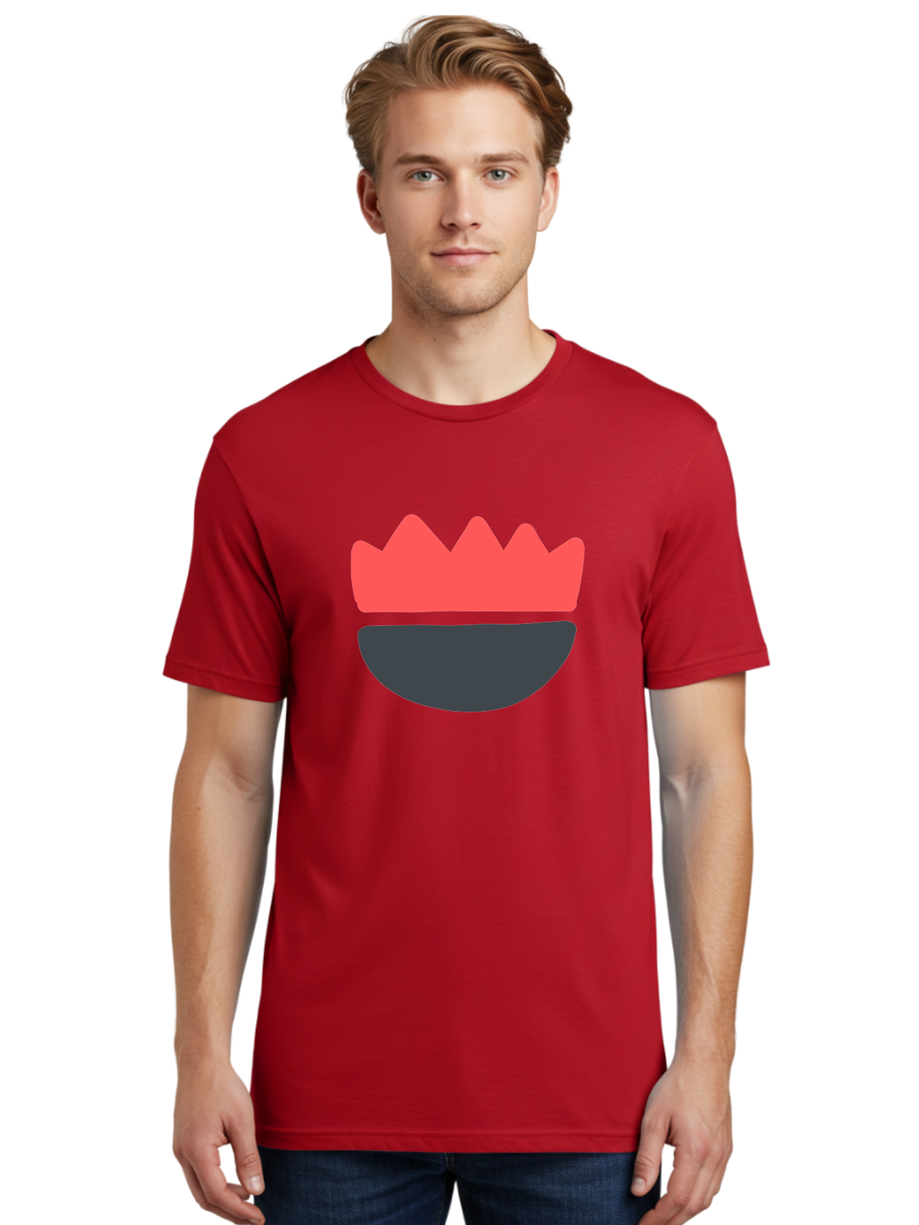 Crown-Smiley Men'S Graphic Tee, 100% Cotton, Comfortable Casual Summer Wear, Machine Washable, Coral Crown, Dark Grey Bowl, Minimalist Design, Simple Shapes, Modern Aesthetic, Bold Colors Aab684